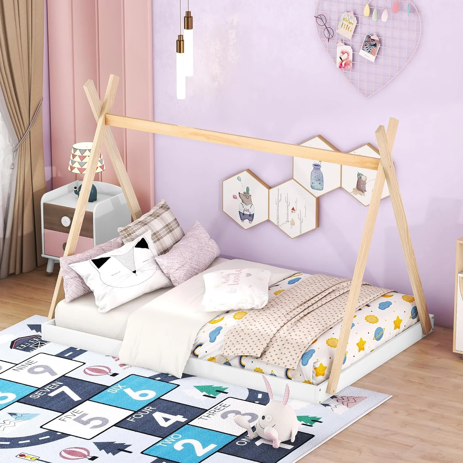 Full Size Teepee Bed For Kids,Full Floor Bed Frame With Triagle Structure,Wood Motessori Floor Bed For Girls Boys Bedroom Furiture,White+atural