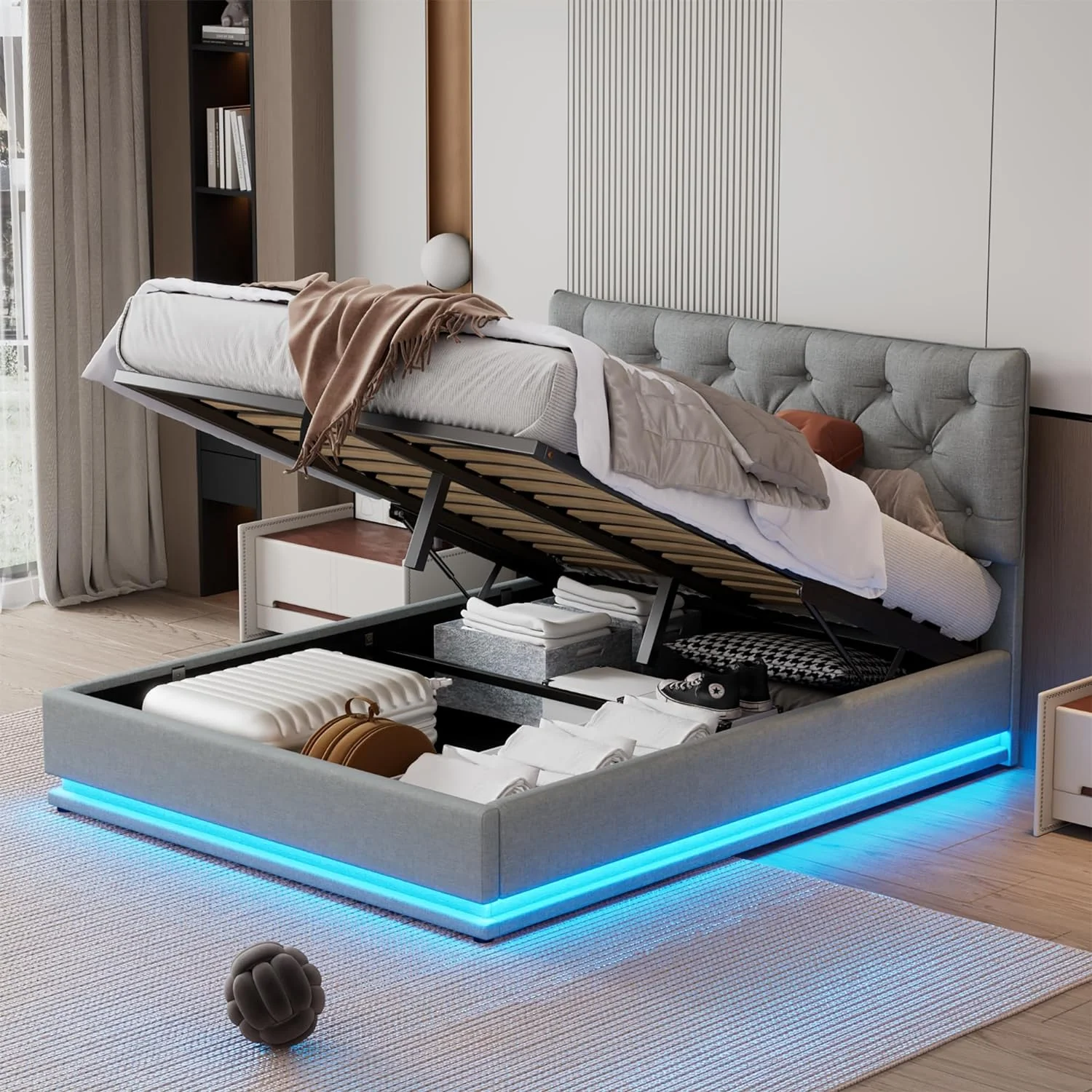 Upholsered Quee Beds Gas Lif Up Sorage Plaform Bed Frame Wih ufed Headboard Ad LED Ligh Woode Sla Suppor Ad Uder Bed Sorage, Grey