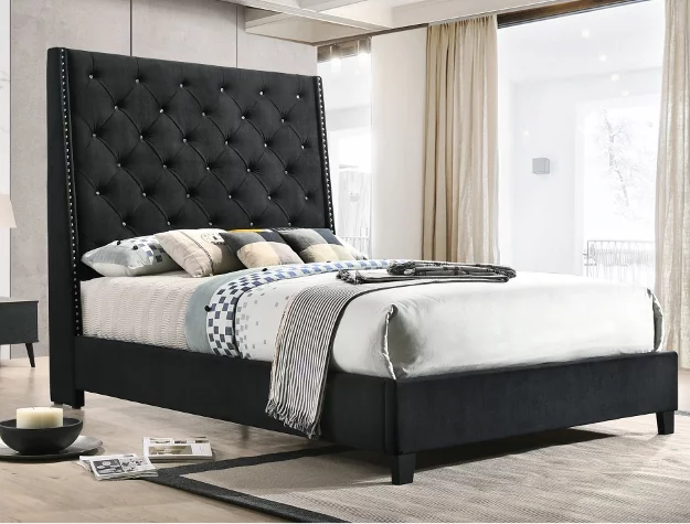 1Pc Black Color Elegant Contemporary Upholstered King Bed Button Tufted Headboard Demi-Wings Bedroom Furniture