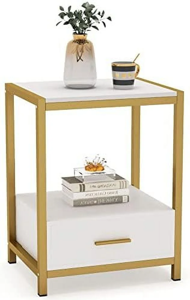 25 inch Tall Gold Nightstands with Drawers and Shelf Modern Bedside Table End Table Side Table for Bedroom Living Room (1 pc Gold and White)