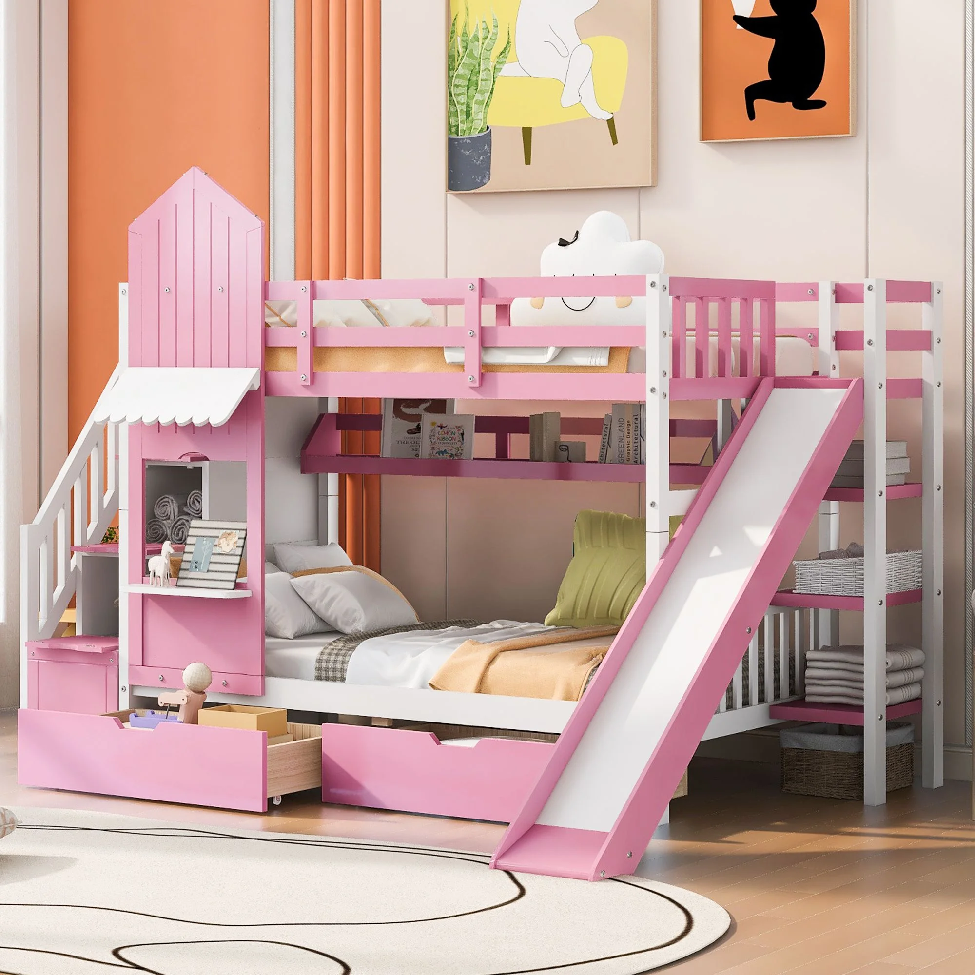 Twin-Over-Twin Bunk Bed with Storage Stairs for Boys/Girls/Teens Bedroom, Low Wood Bed Frame with Safety Guardrail, No Box Spring Needed with 2 Drawers 3 Shelves and Slide