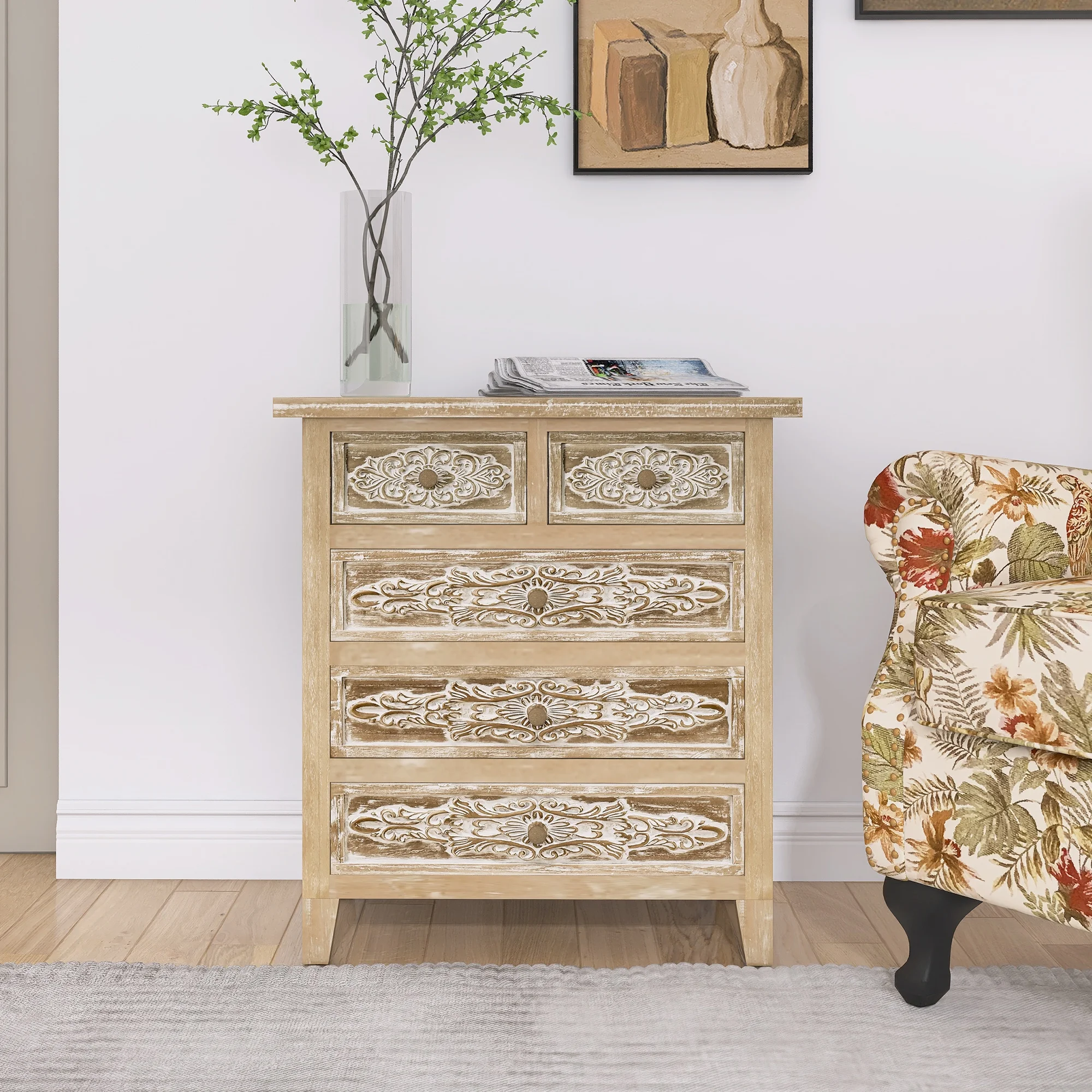 Hand-Carved 5-Drawer Accent Drawer - 40.0 | Elevate Your Space