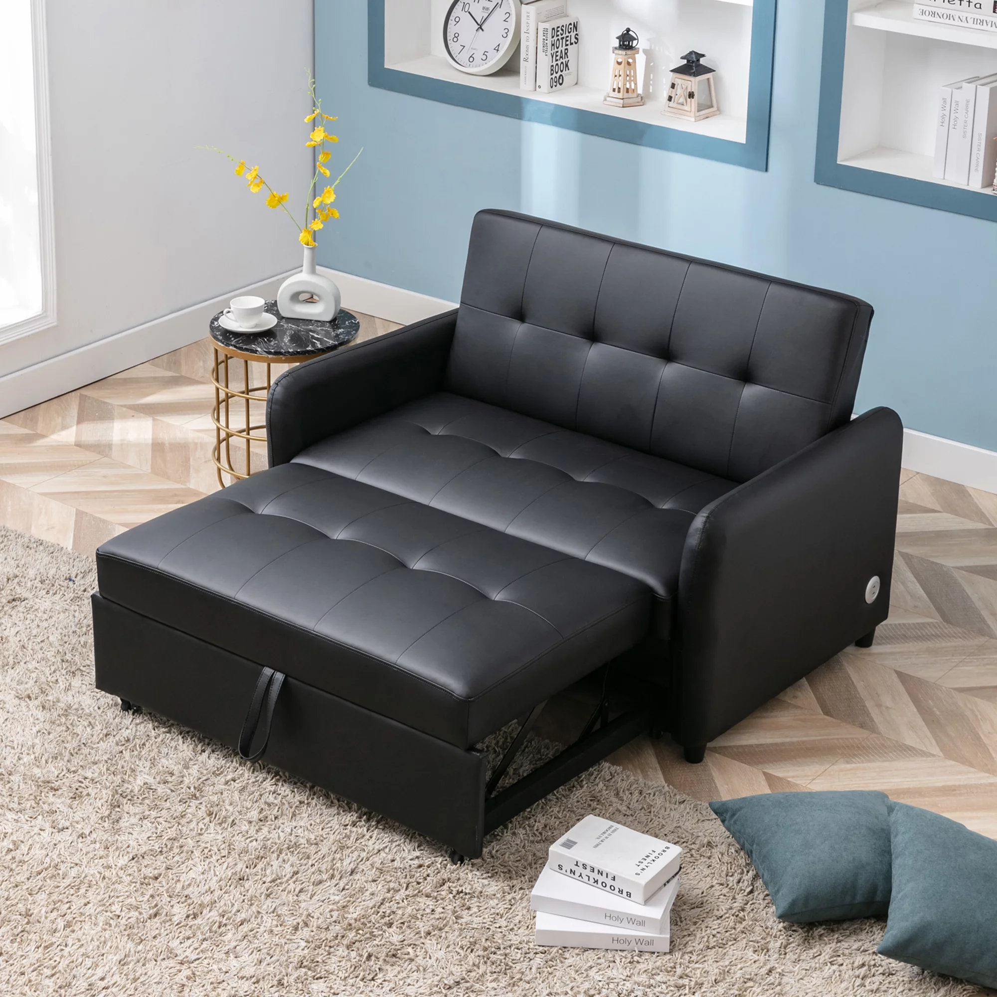PU Leather Sofa Set Convertible Sleeper Sofa Bed with USB Ports Loveseat Couch Detachable Armrest for Living Room Small Spaces,Without Pillows