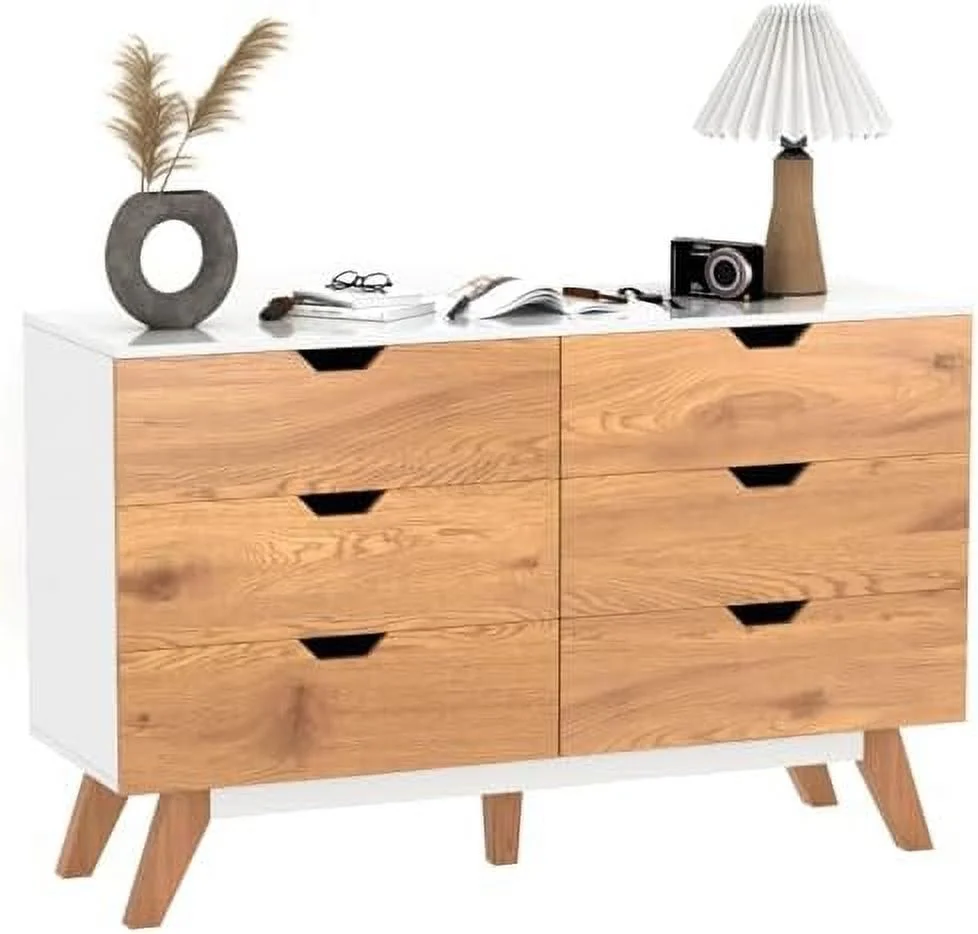 KHBIULIFE 6 Drawer Dresser Mid-Century Modern Dresser Wide 6 Chest of Drawers Wooden Cabinet for Entryway Bedroom Living Room Hallway
