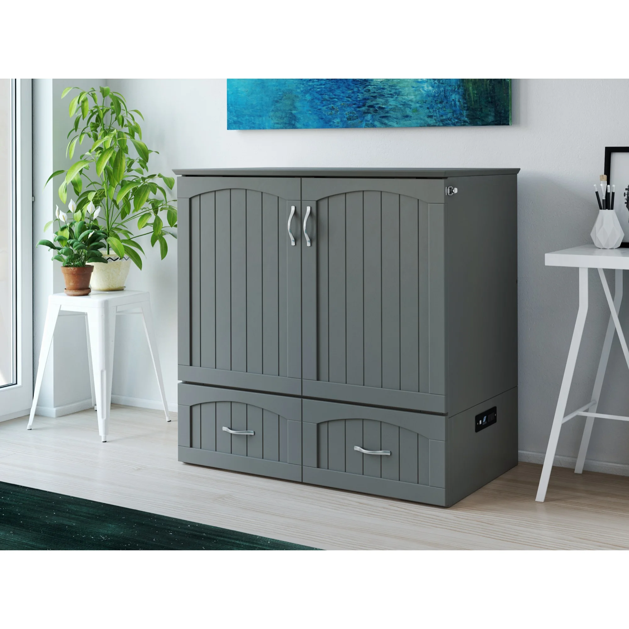 Southampton Twin XL Murphy Bed Chest with Mattress and Built-in Charger in Gray