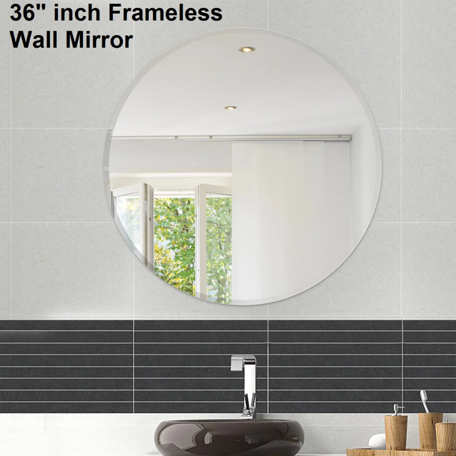 Fab Glass and Mirror Frameless Round Beveled Wall Mirror 36 Inch Circle Mirror