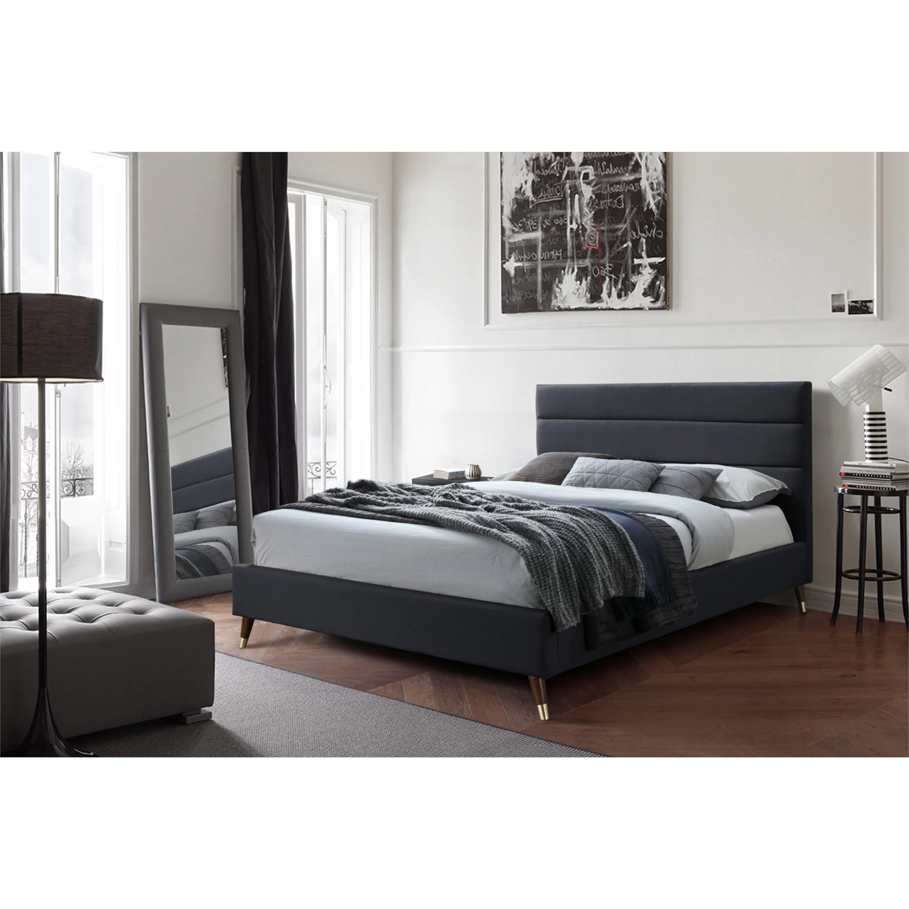 DG Casa Hayden Mid Century Modern Upholstered Platform Bed Frame with Horizontal Channel Headboard and Full Wooden Slats, Box Spring Not Required - Queen Size in Charcoal Fabric
