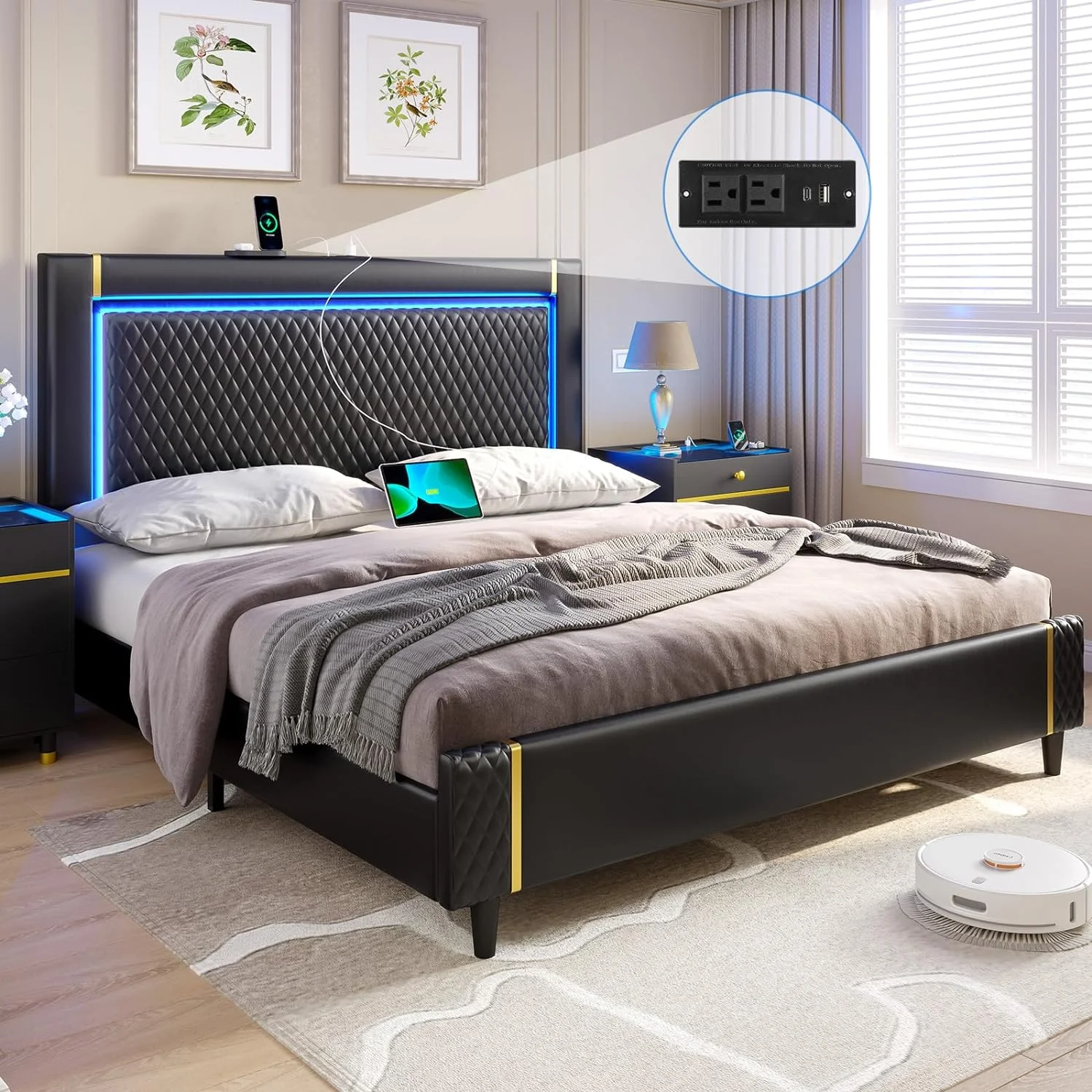 King Size Bed Frame with Adjustable Headboard&Charging Station&LED Lights,Faux Leather Upholstered Platform Bed for Bedroom,No Box Spring Needed, Black