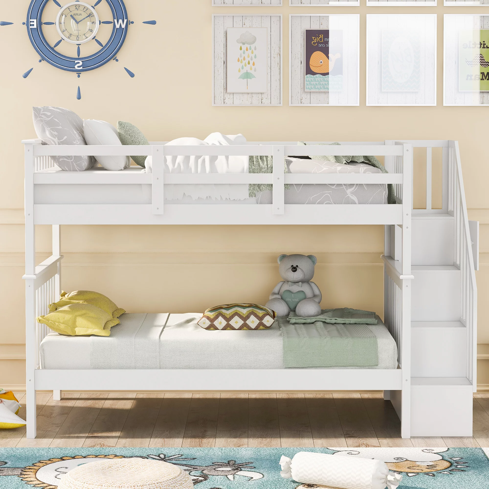 Abanopi Stairway Twin-Over-Twin Bunk Bed with Storage and Guard Rail for Bedroom, Dorm, White color