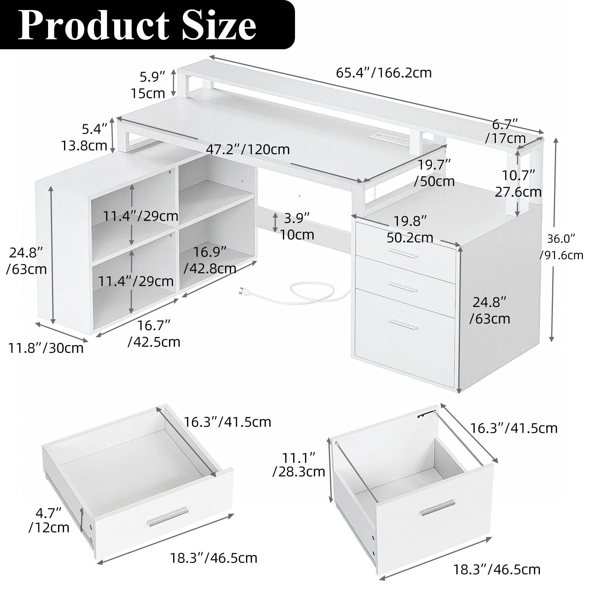 L Shaped Desk with Power Outlets & LED Lights & File Cabinet, 65