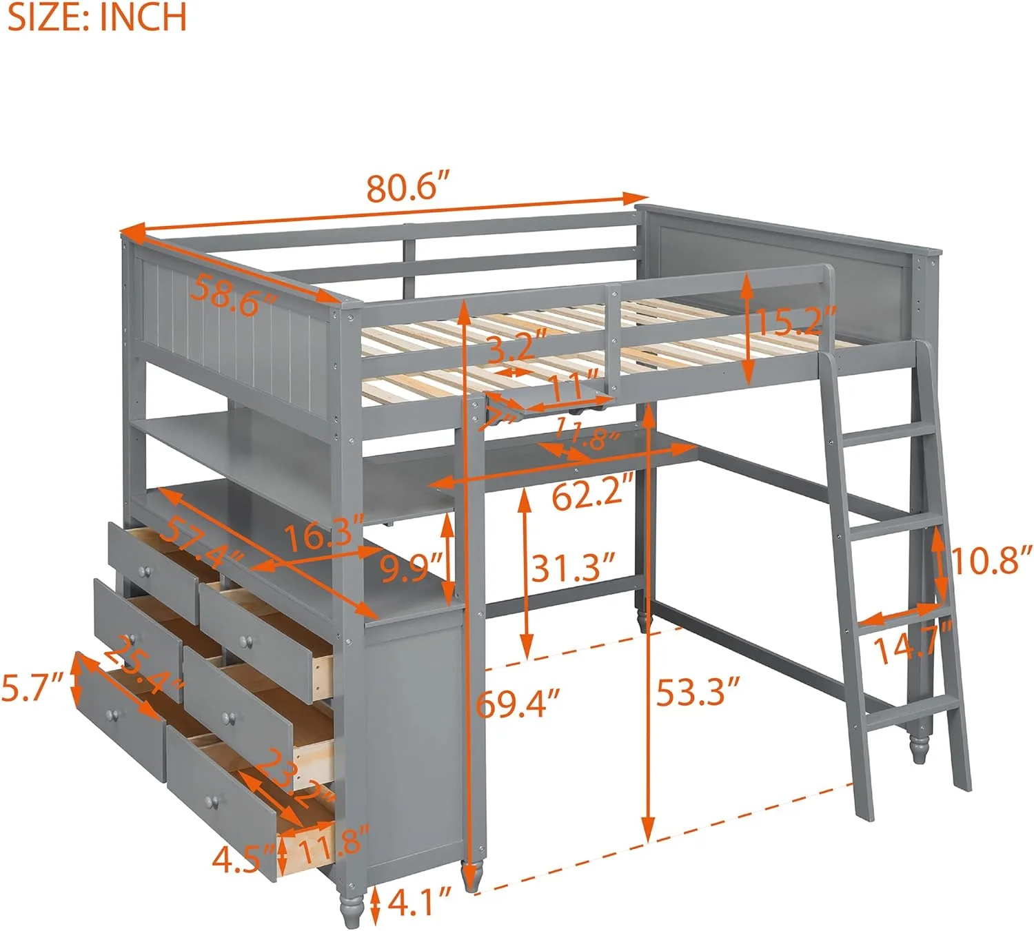 Full Size Lof Bed Wih Desk Ad Sorage Drawers Wood Lof Bed Frame Wih Ladder For Kids Aduls Boys Girls ees, Gray