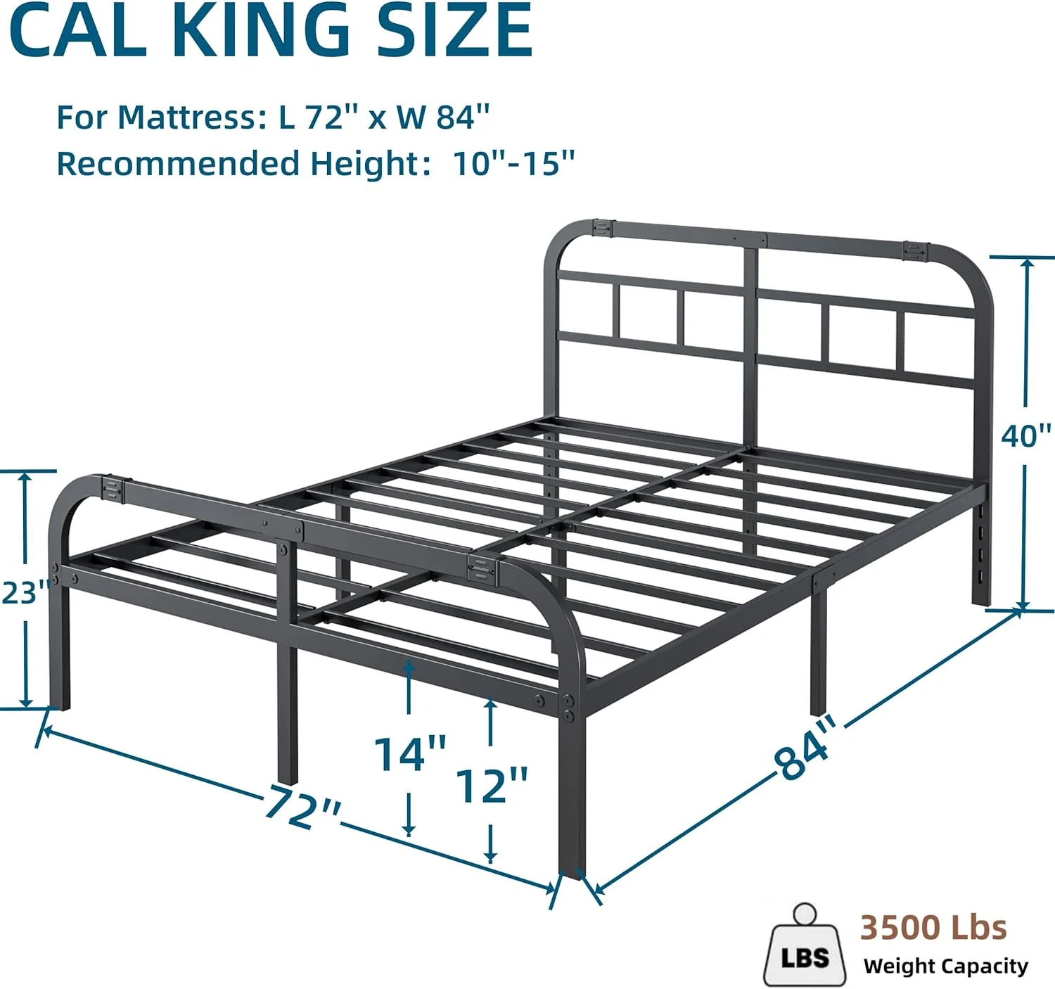 California King Bed Frame with Headboard and Footboard, 14 Inch High, 3500 Pounds Heavy Duty Metal Slats Support for Mattress, No Box Spring Needed,Noise-Free, Black