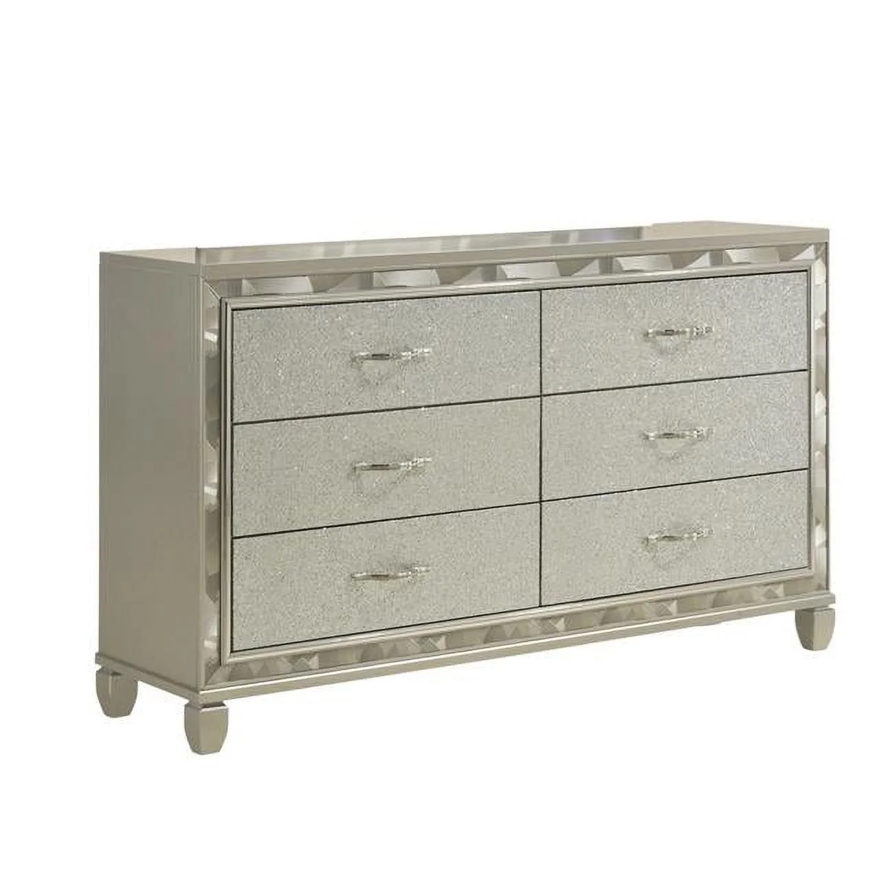 Benjara BM309538 65 in. Bet 6 Rhinestone Inlaid Drawers Dresser with Handles, Silver & Chrome