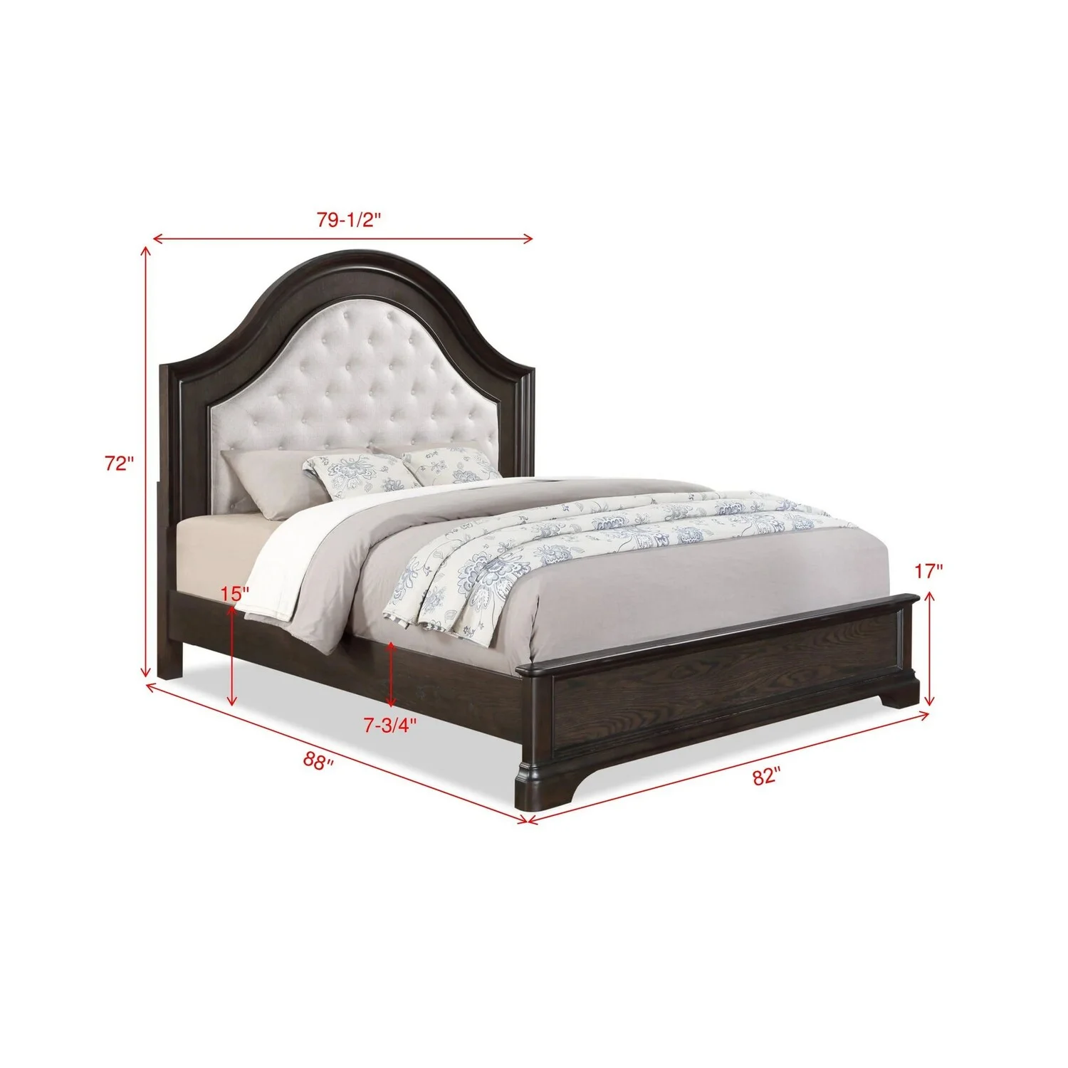 Benjara Dam King Size Bed, Curved Headboard, Cream Fabric Upholstery, Brown Wood