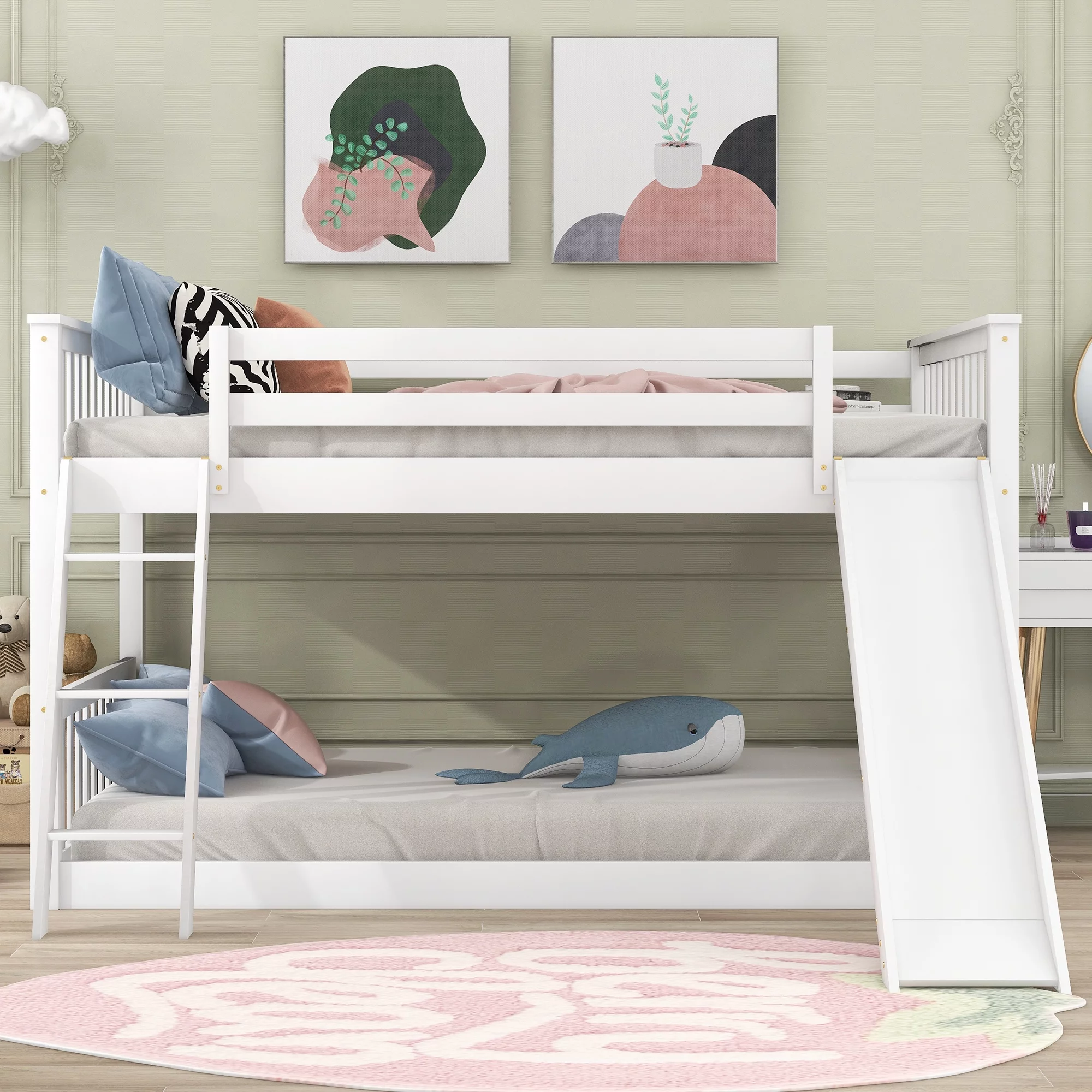 Hombay Low Full Over Full Bunk Bed with Convertible Slide and Ladder, Wood Slat Bed Frame for Child Kids