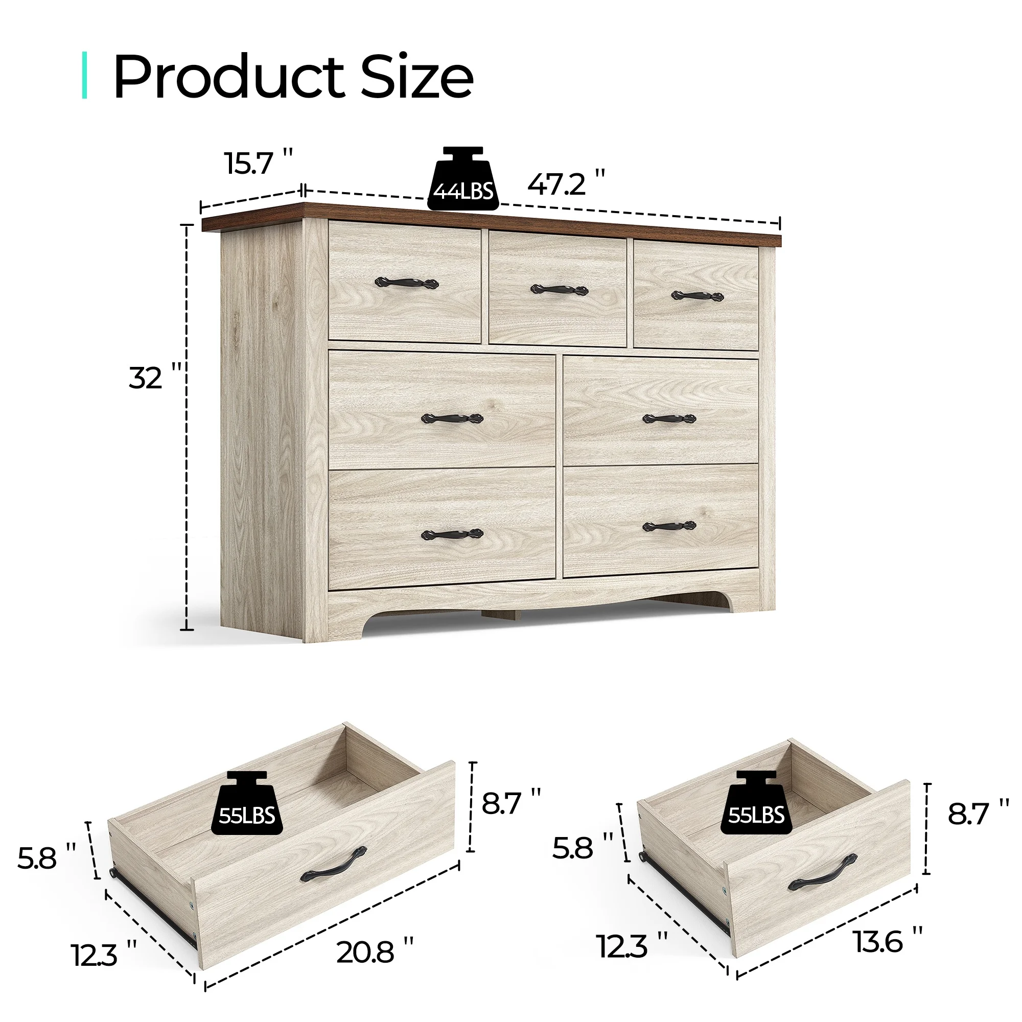 Linsy Home 7 Drawer Oak White Double Dresser, Wood Storage Cabinet with Easy Pull Out Handles for Living Room, Chest of Drawers for Bedroom
