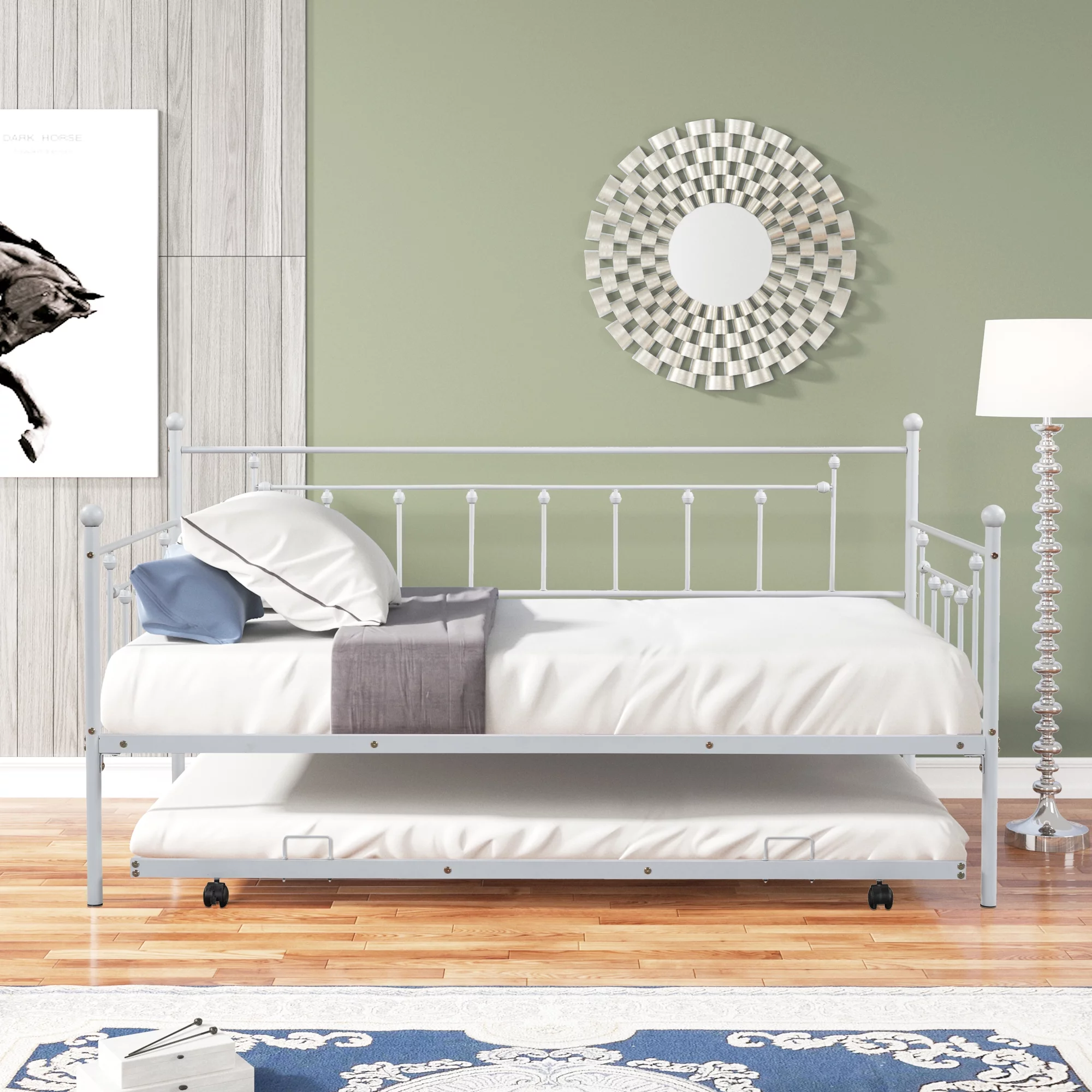 Gewnee Metal Daybed with Trundle, Twin Size Bed Frame for Kids Room Guest Room,White