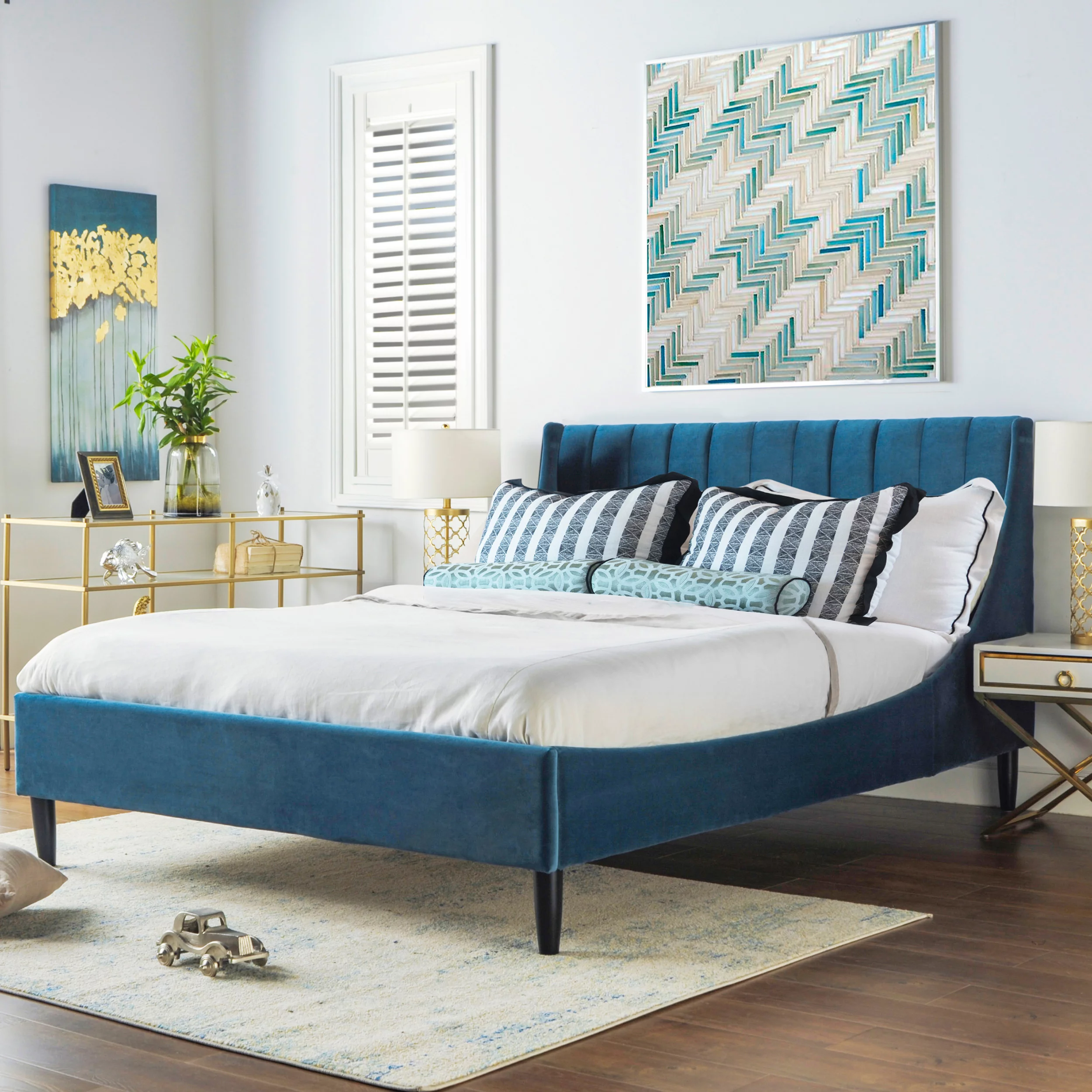 Sandy Wilson Home Aspen Tufted Headboard Platform Bed Queen Satin Teal Velvet