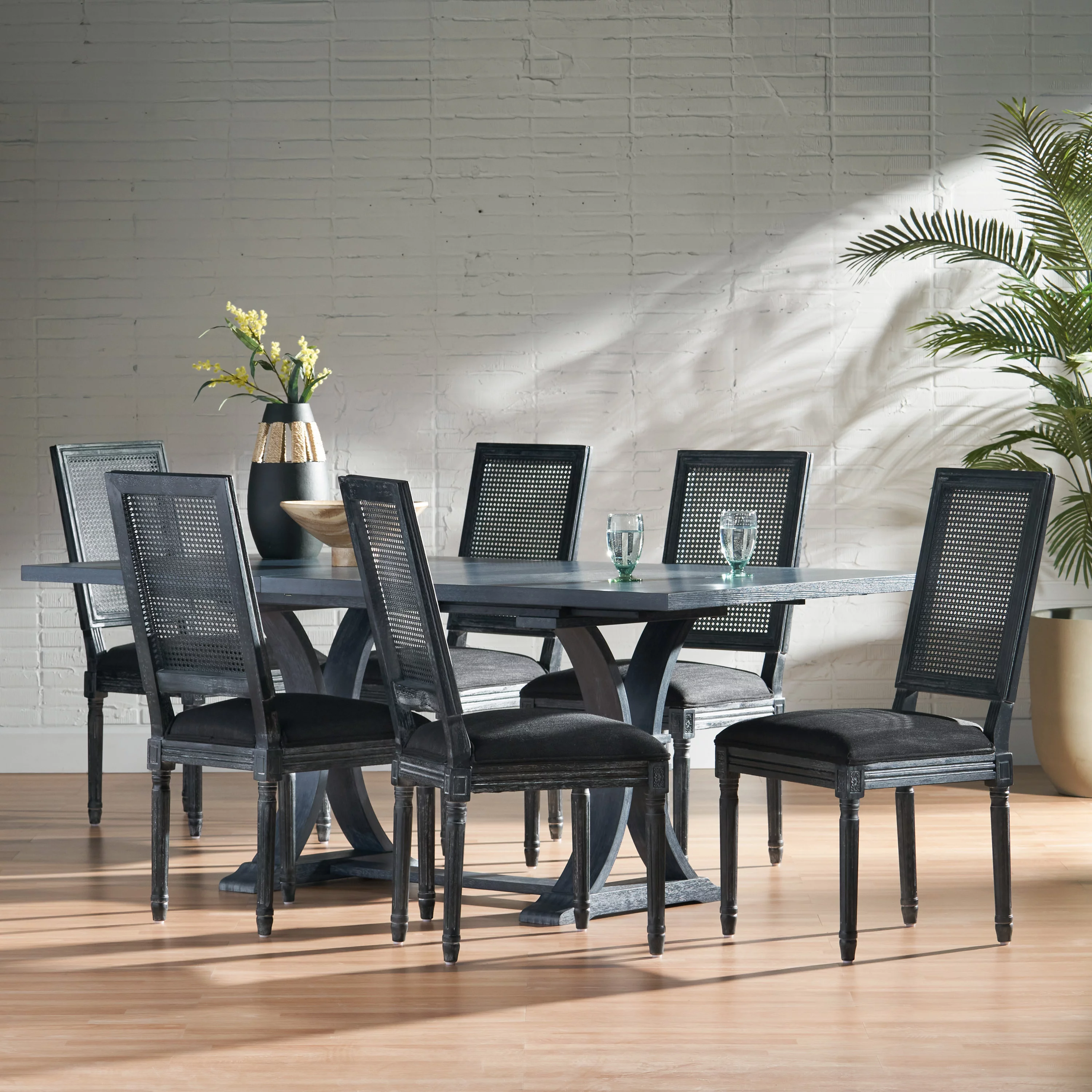 GDF Studio Brownell French Country Fabric Upholstered Wood and Cane 7 Piece Expandable Dining Set, Black and Gray