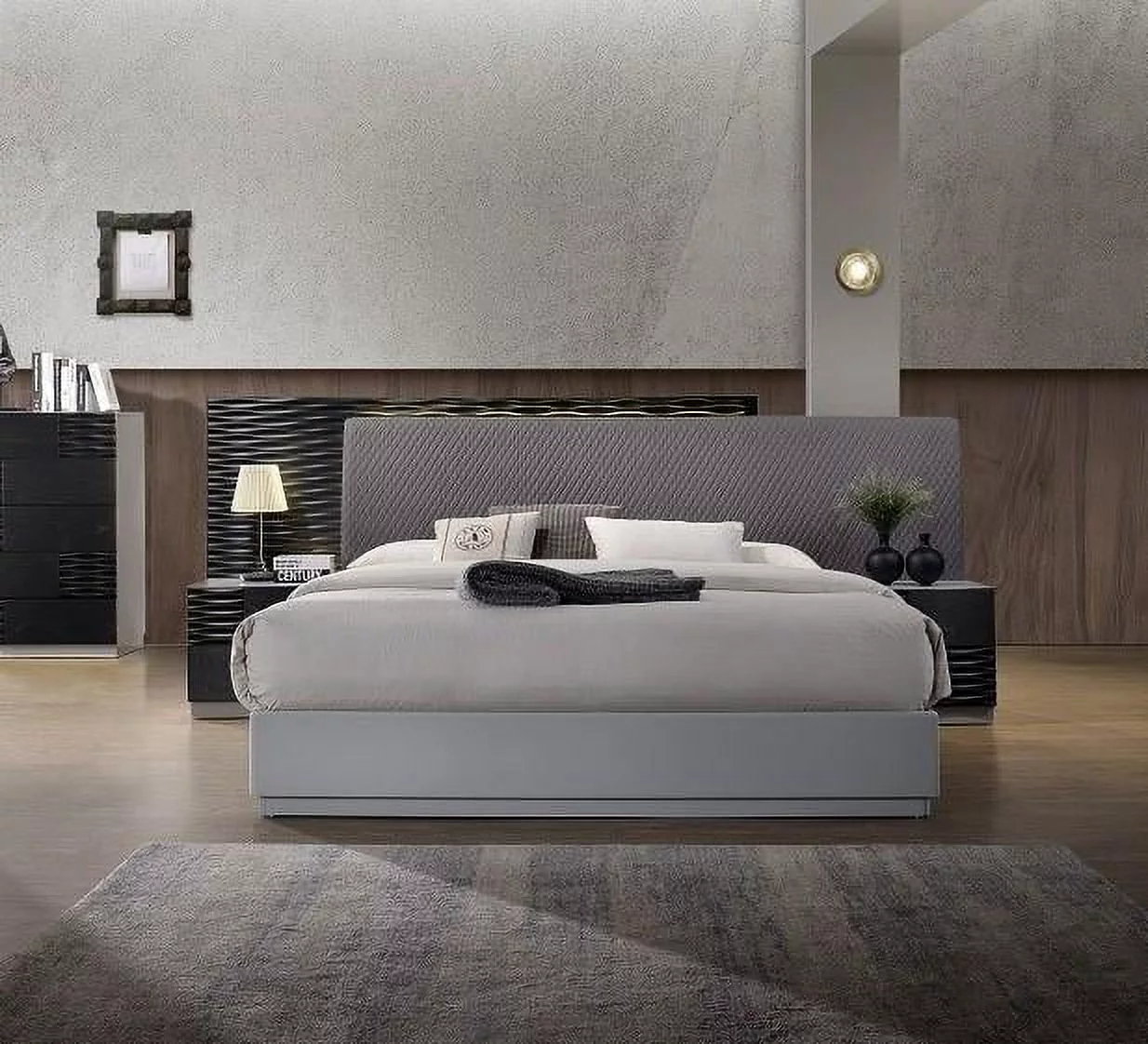 Modern Black Gloss & Gray Fabric Queen Size Bedroom Set 3Pcs J&M Tribeca