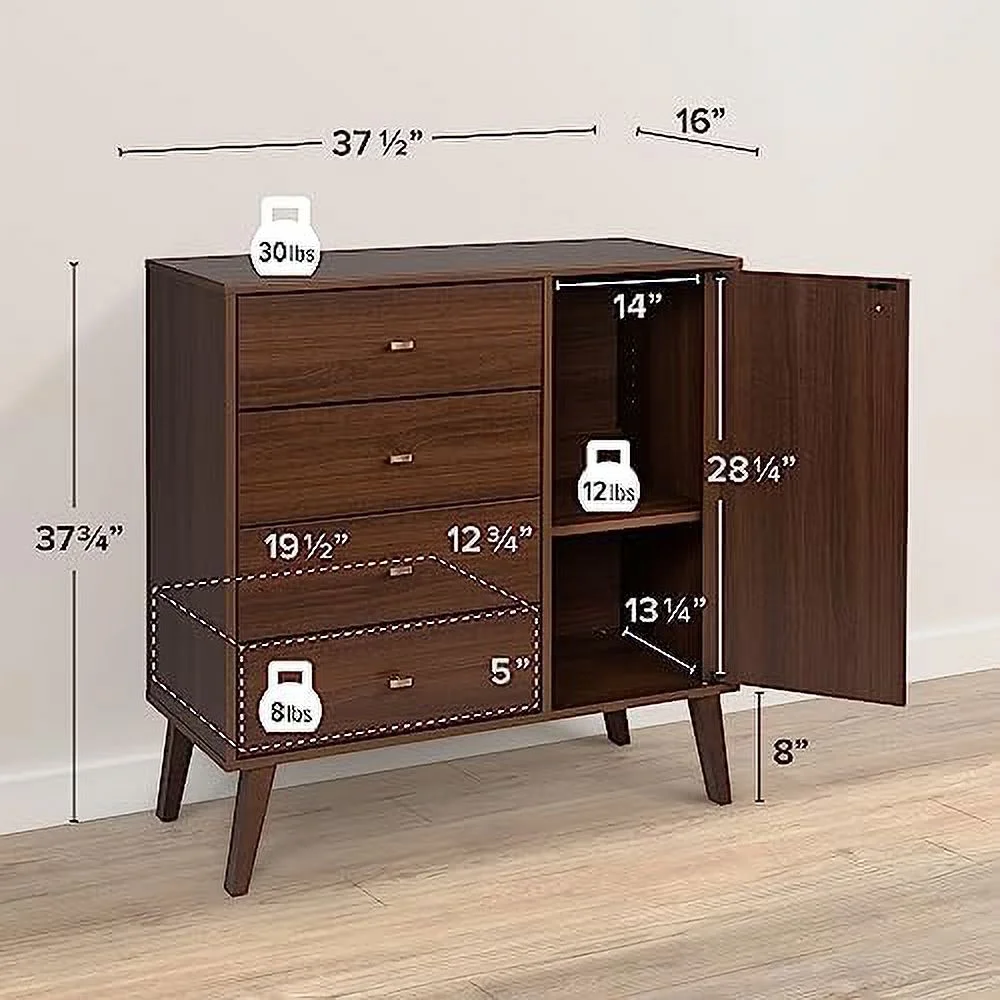 HBBOOMLIFE Milo Mid-Century Modern 4-drawer Chest with Door  Drifted Gray