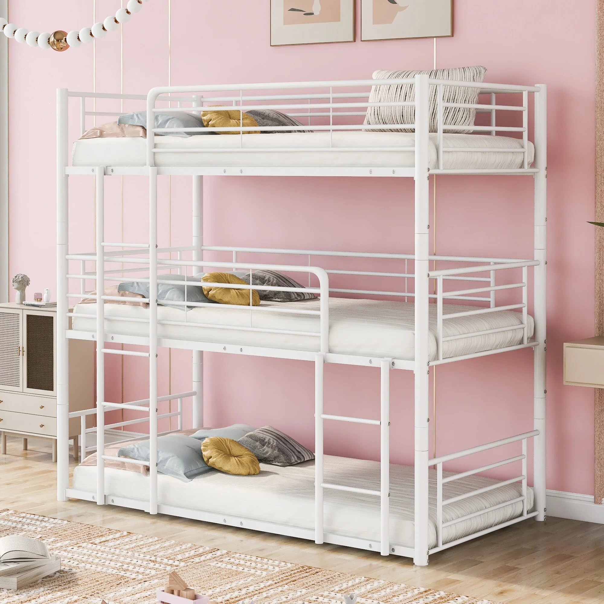 Nestfair Twin Over Twin Over Twin Triple Bunk Bed with Built-in Ladder White