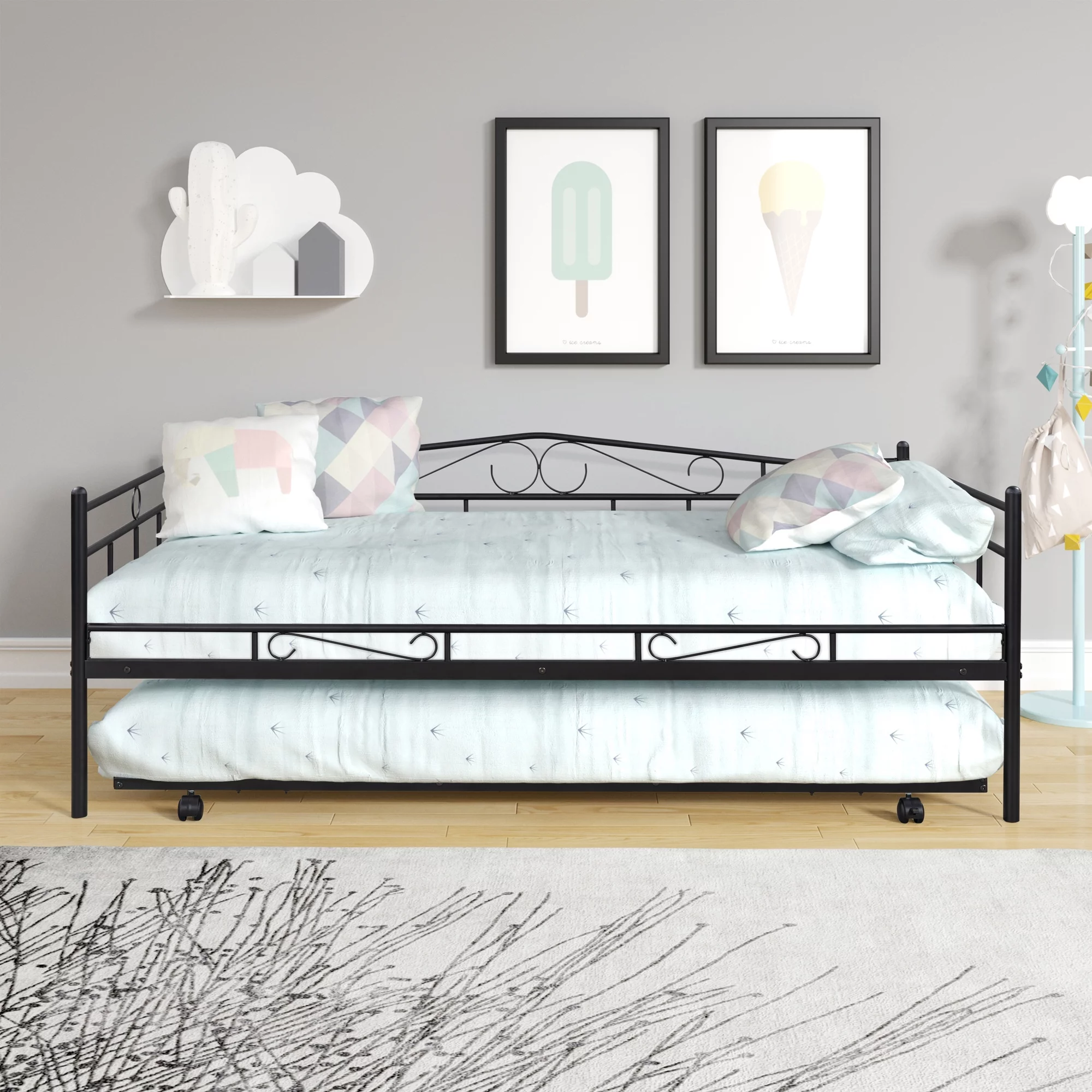 Gewnee Twin Size Metal Daybed with Rolling Out Trundle for Living Room Bedroom,Black