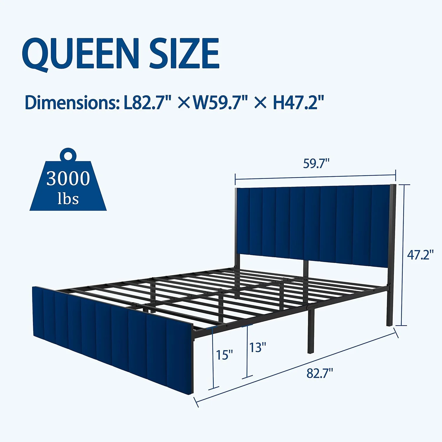 Upholstered-Bed-Frame-Queen-Size - High Headboard with Black Metal Design,Velvet Tufted Footboard with No Box Spring Needed/Wood Slat Support(Black)