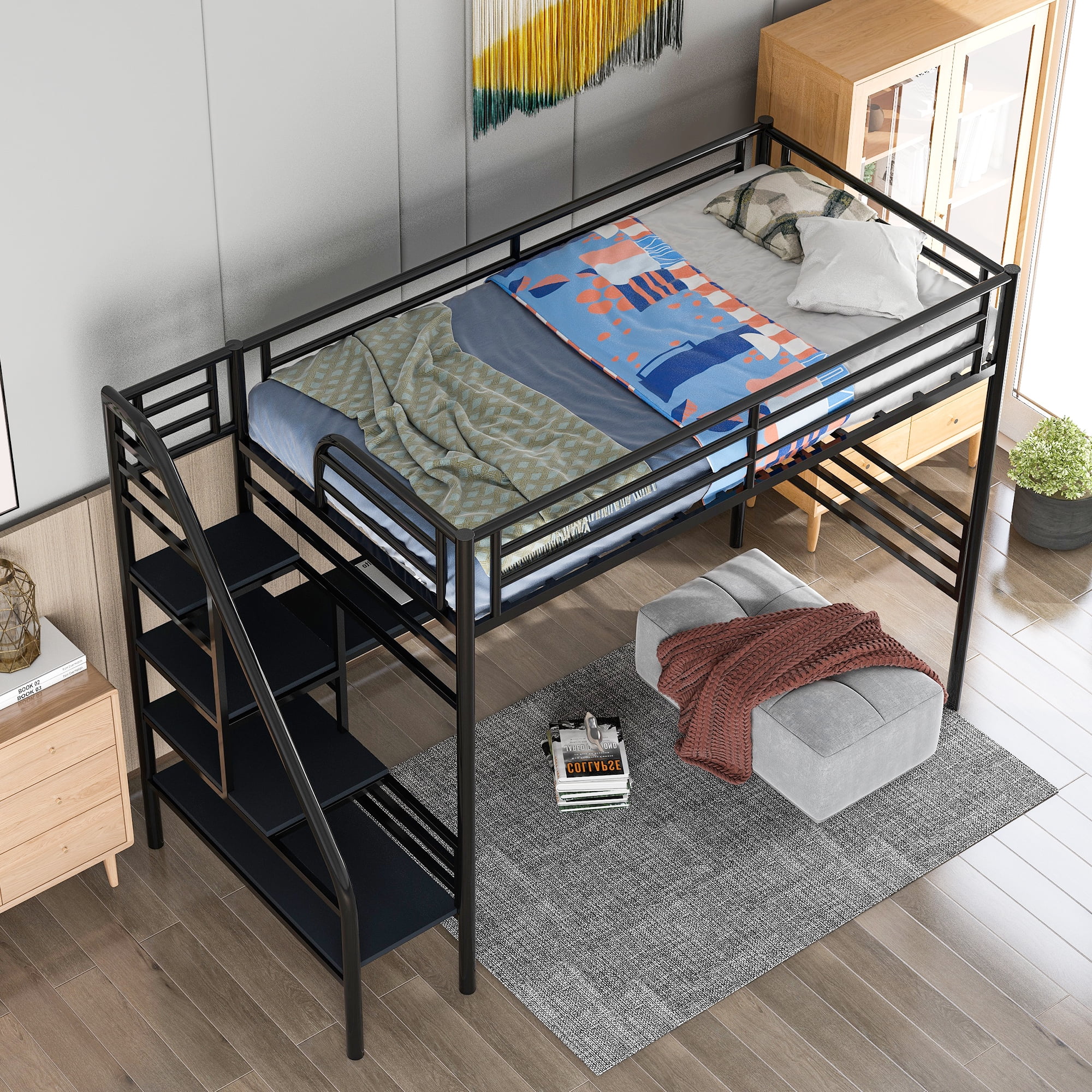 Twin Metal Loft Bed Frame with Desk, No Box Spring Needed