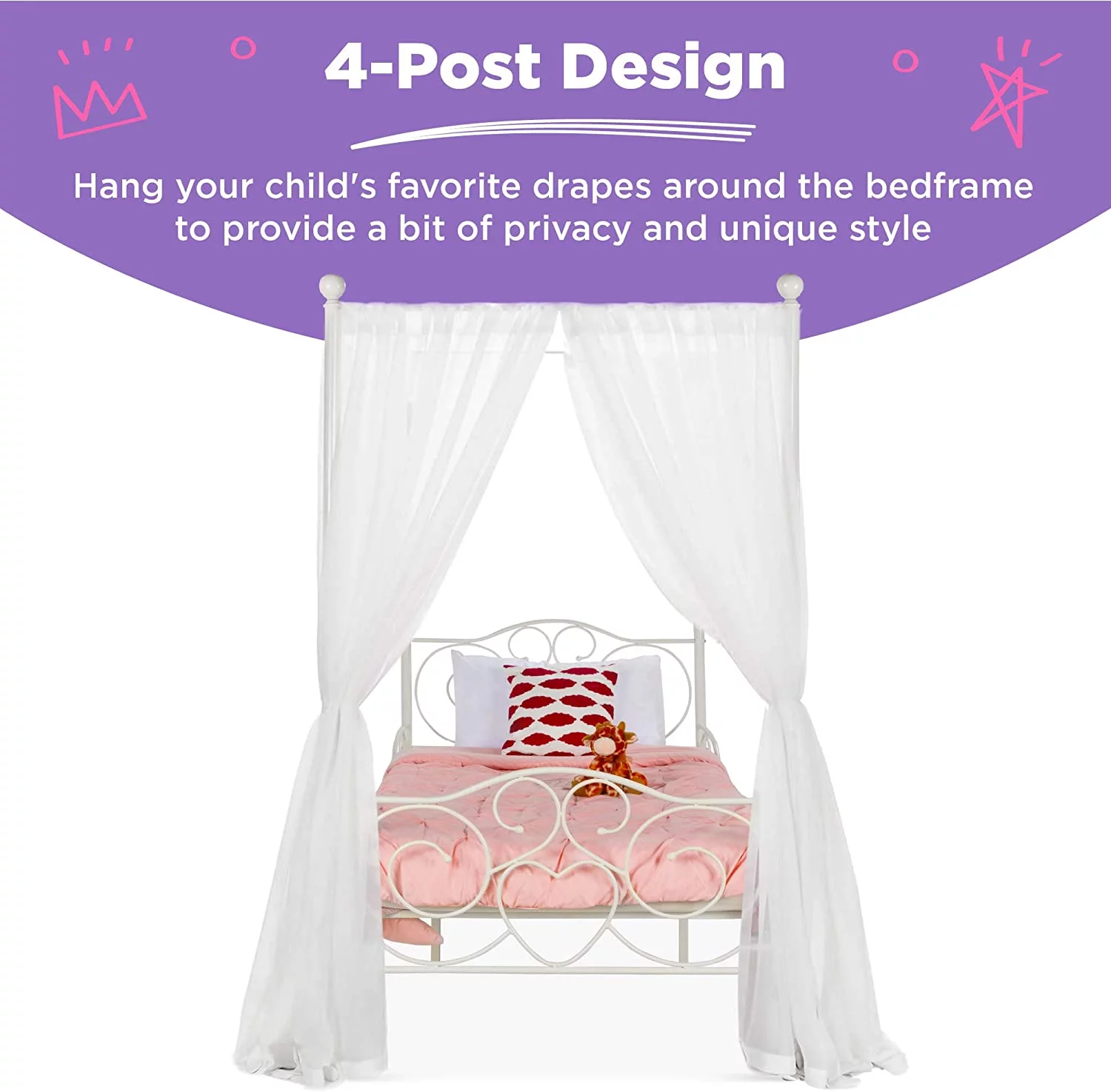 YOJFOTOOU. 4-Post Metal Canopy Twin Bed Frame for Kids Bedroom, Guest Room w/Heart Scroll Design, 14-Slat Support System, Headboard, Footboard - White