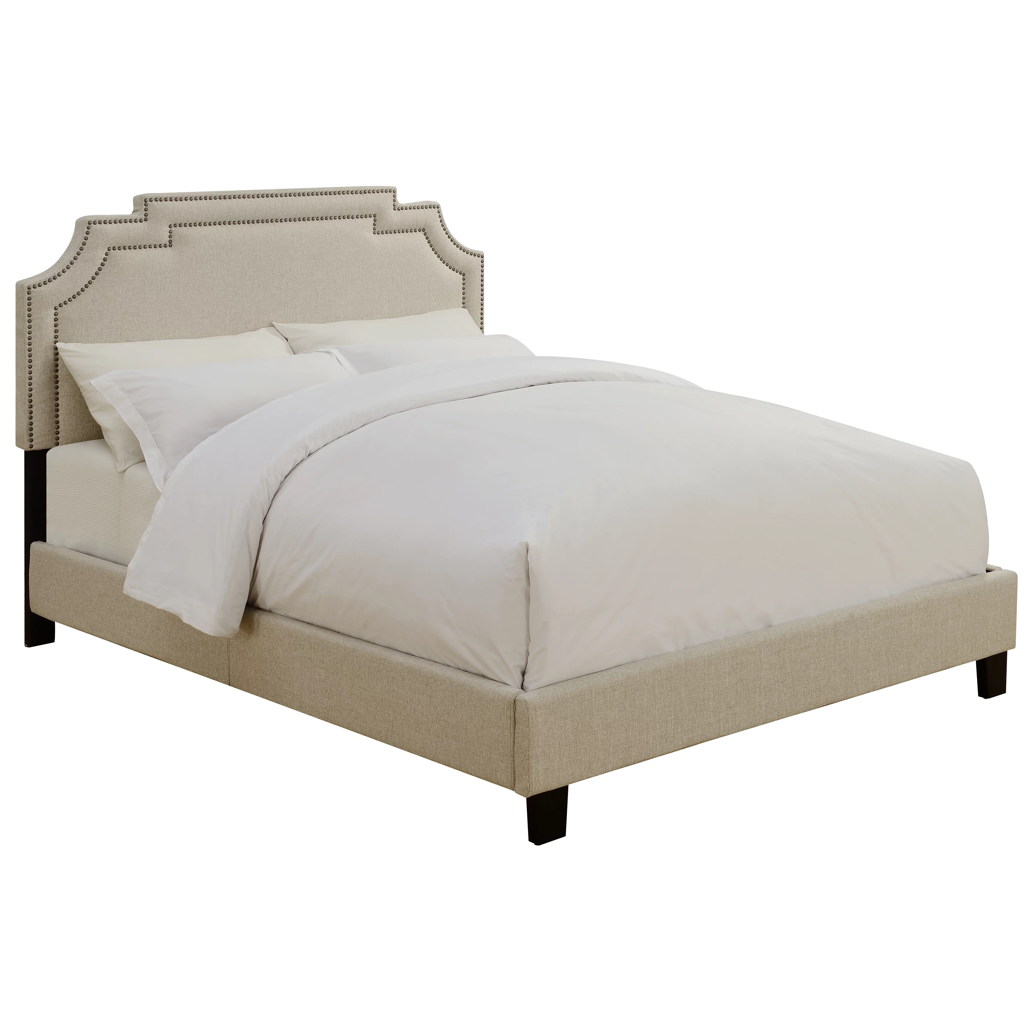 Nailhead Marquee Upholstered Queen Bed in Linen White
