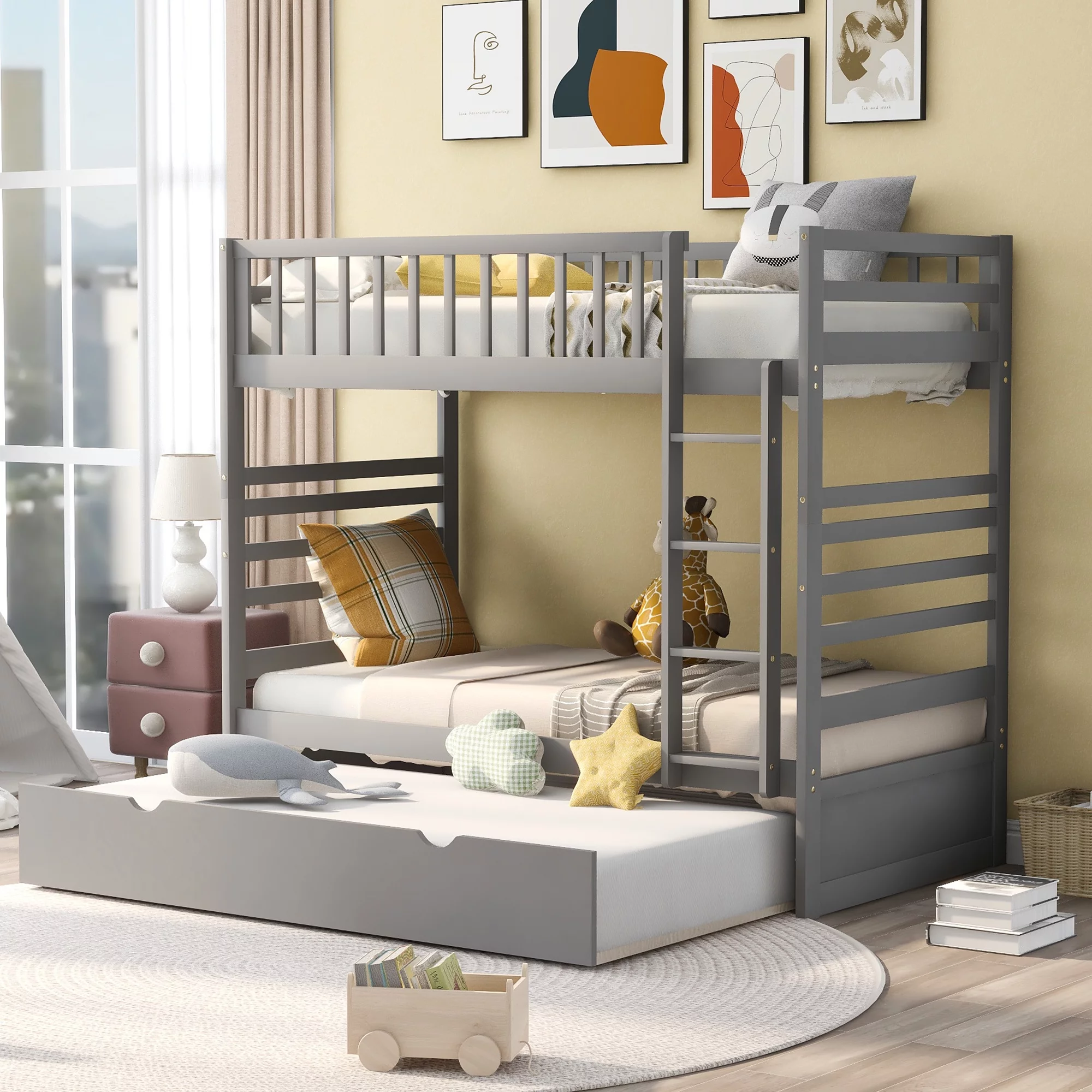 4inLoveMe Stylish Twin Bunk Beds - Solid Hardwood, Safety Rail, Movable Trundle - Kids Bedroom Furniture