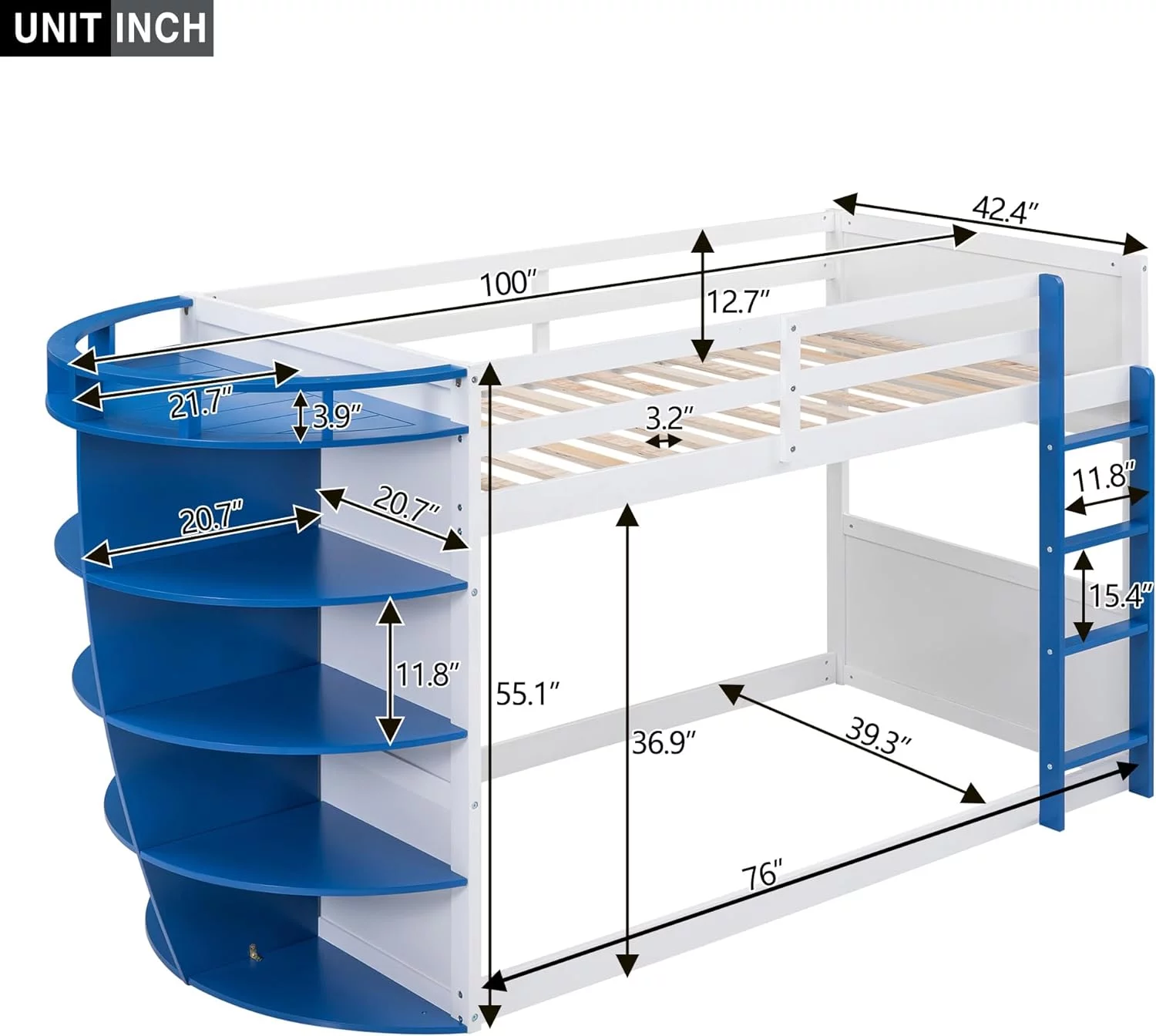 Bunk Beds With 5-Tier Storage Shelves, Wooden Over Floor Bunk Bed Frame, Nautical Design Low Loft Bunk Beds For Kids, Teens, Girls & Boys (White+Blue)