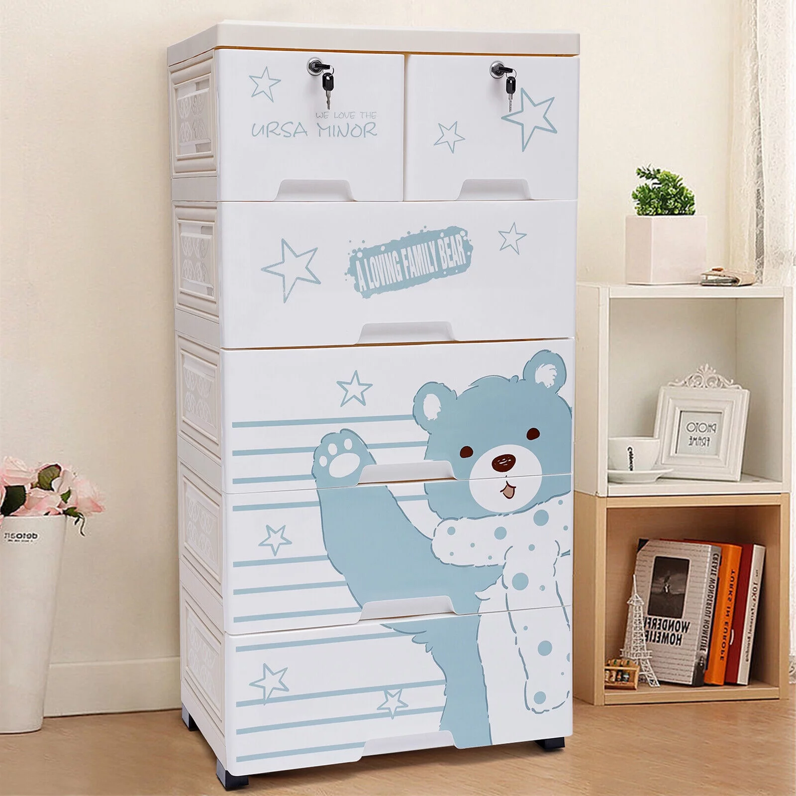5 Layers Polar Bear Closet 6 Drawers Tall Dresser Organizer Dolls Storage Cabinet for Living Rooms, Bedrooms, Checkrooms