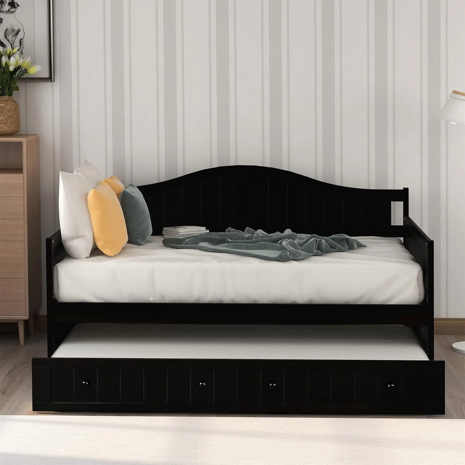 Daybed With Trudle Bed, Wood Bed Sofa Bed Frame For Bedroom, Guest Room, Livig Room (, Espresso)