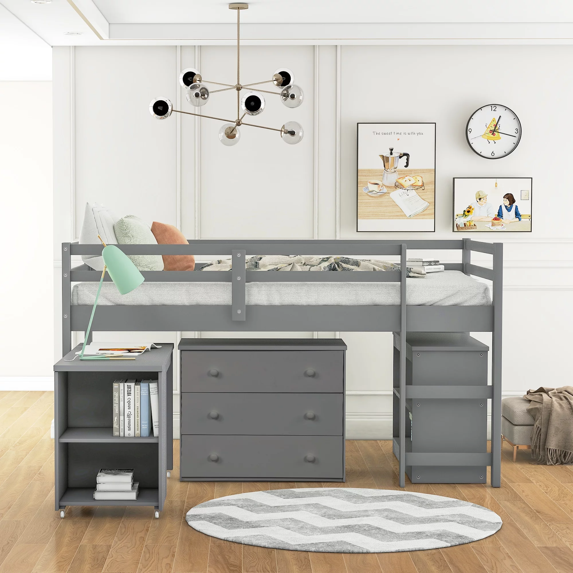 Loft Storage Bed with Spacious Storage Shelves Cabinet and Rolling Portable Desk Multiple Finishes