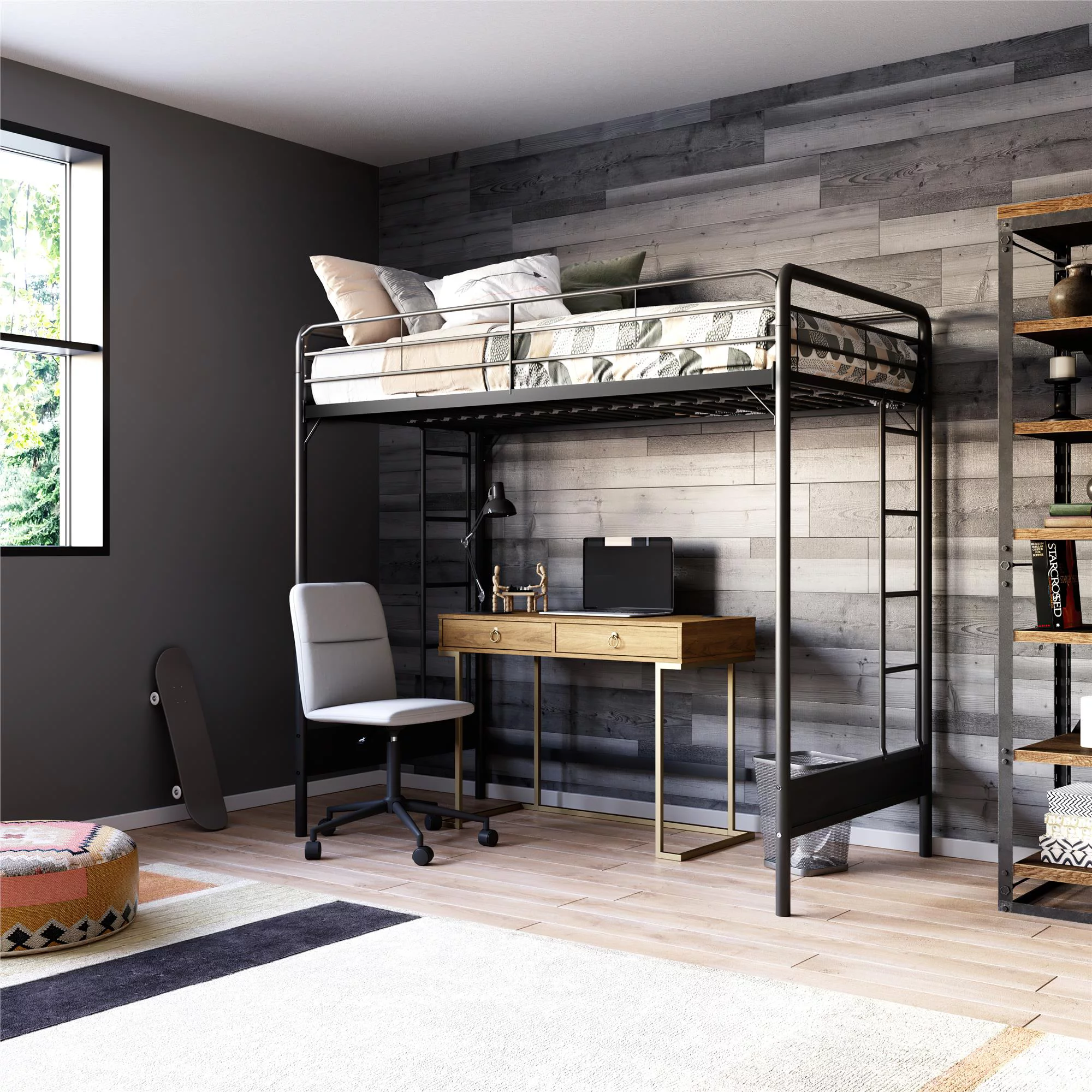 RealRooms Colten Loft Bed, Under-Bed Desk and Gaming Area, Twin, Black