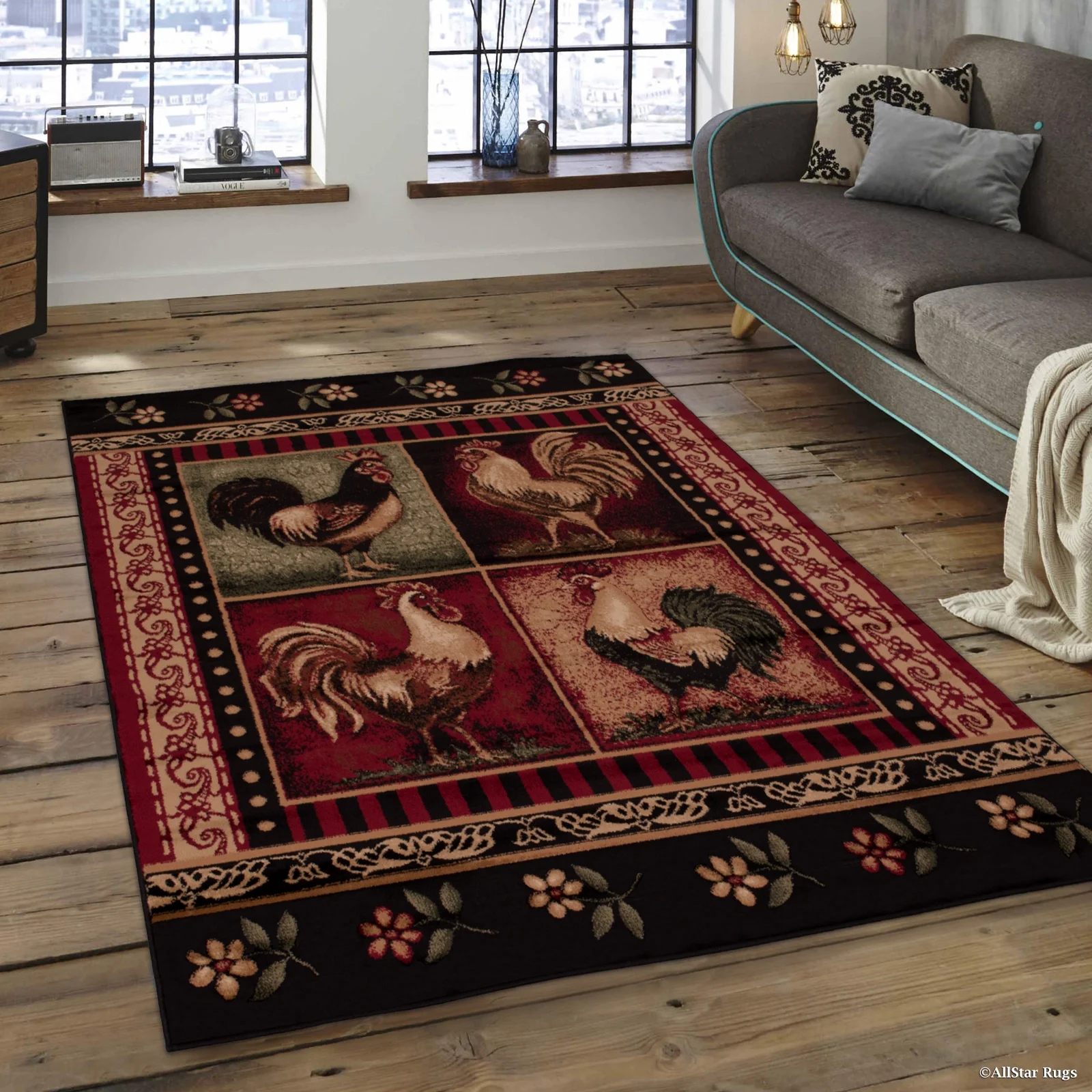 Brown and Red with Four Collated Rooster Images and Floral Frame Area Rug (7' 7