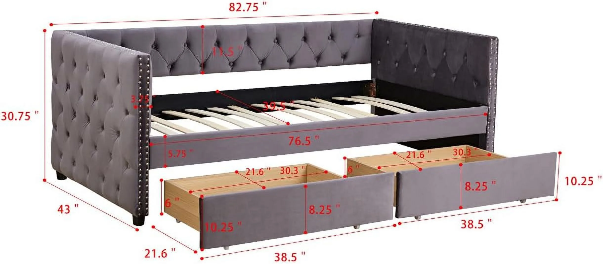 Velvet Upholstered Daybed With 2 Storage Drawers, Upholstered Tufted Sofa Bed With Nail Head Trim, Sofa Bed Storage Daybed With Wood Frame, Grey