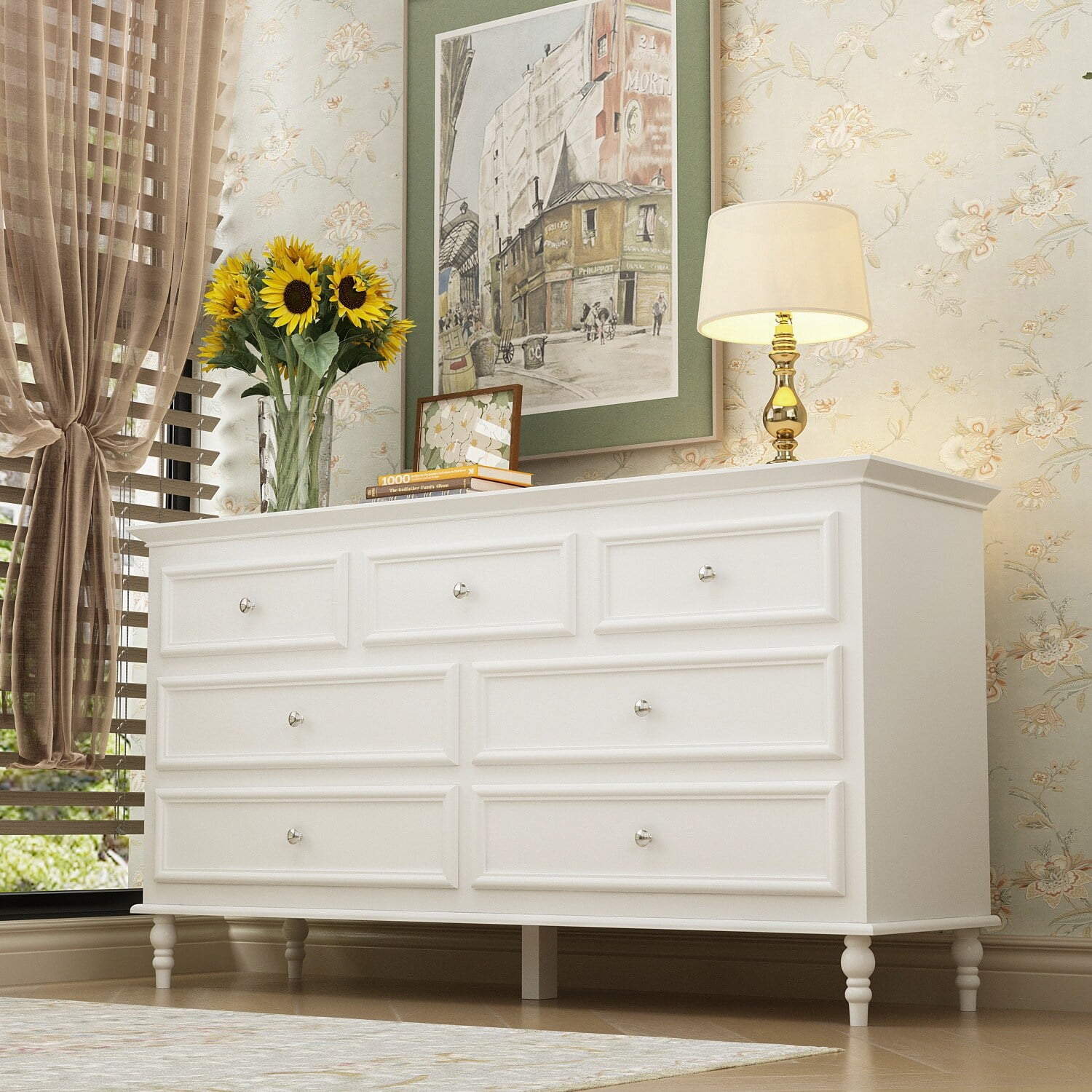 FUFU&GAGA 7-Drawer Double Dresser Chest Dresser Sideboard Lacquer For Bedroom White