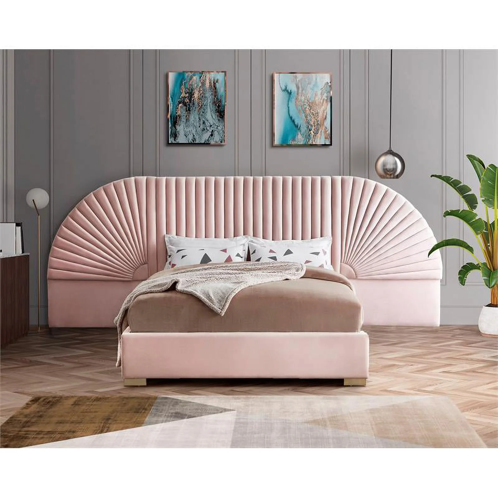 Maklaine Contemporary Upholstery Pink Velvet King Bed