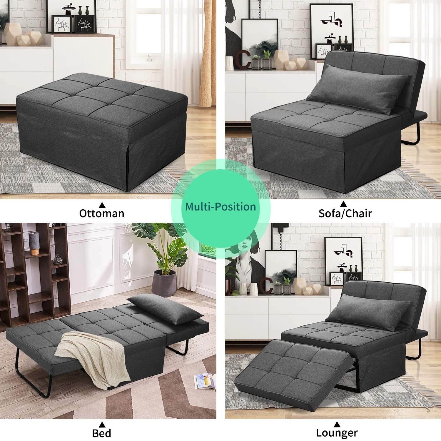 Ainfox Folding Sofa Bed, 4 in 1 Daybeds Ottoman Chair Lounge Couch for Guest Sleeper, Suitable for Modern Living Room, Bedroom, Twin Size(Grey)