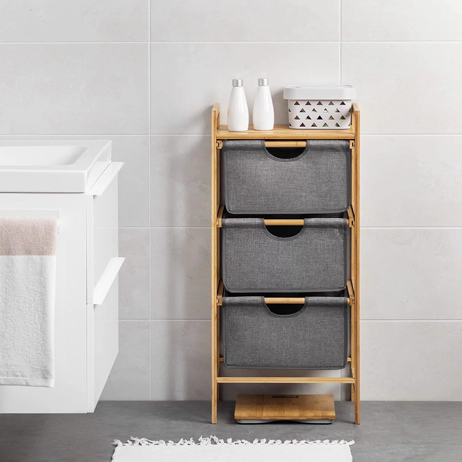 Basket Storage Drawers Unit - 3-Tier Bathroom Dresser Tower Organizer with Bamboo Frame and Pull-Out Fabric Baskets - 37.8