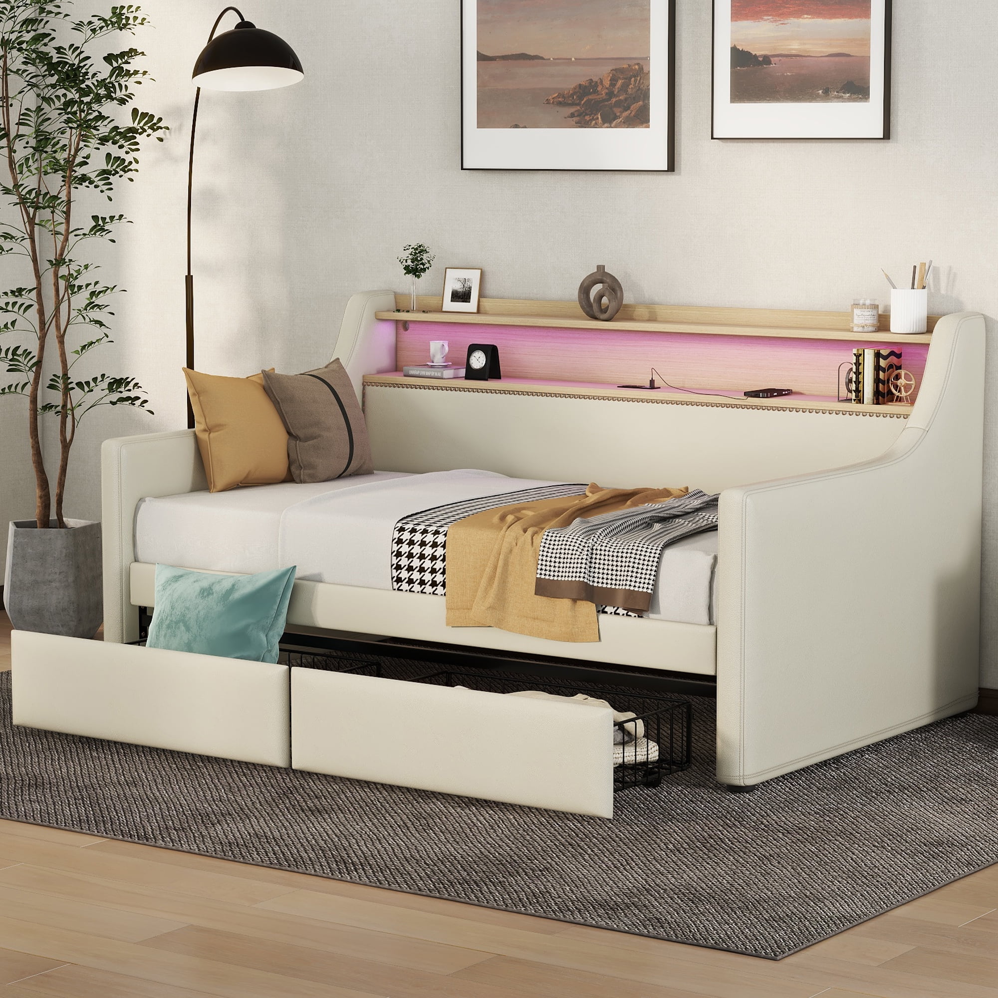 ONME Twin Size Daybed with Storage Drawers, Upholstered Daybed with Charging Station and LED Lights, Beige