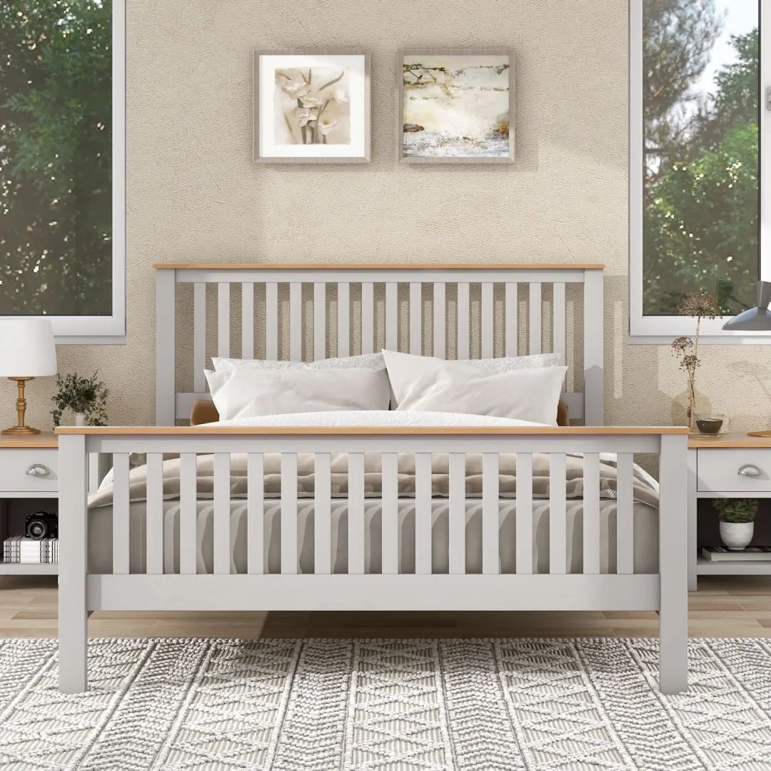 Grey Queen Size Country Solid Platform Bed with Oak Top