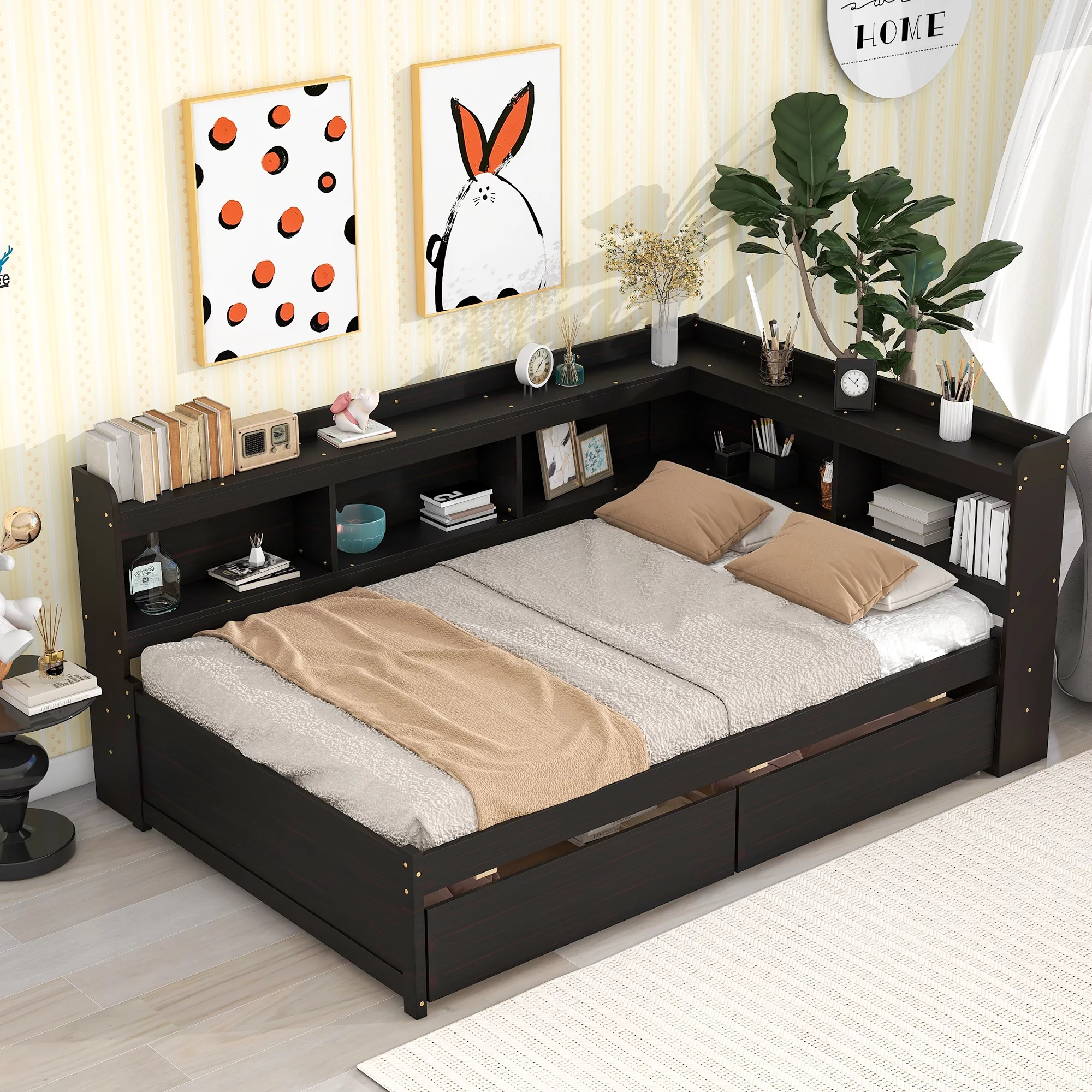 Glavbiku Full Size Wood Platform Bed Frame with L-shaped Bookcases,Storage Drawer Bed,Espresso