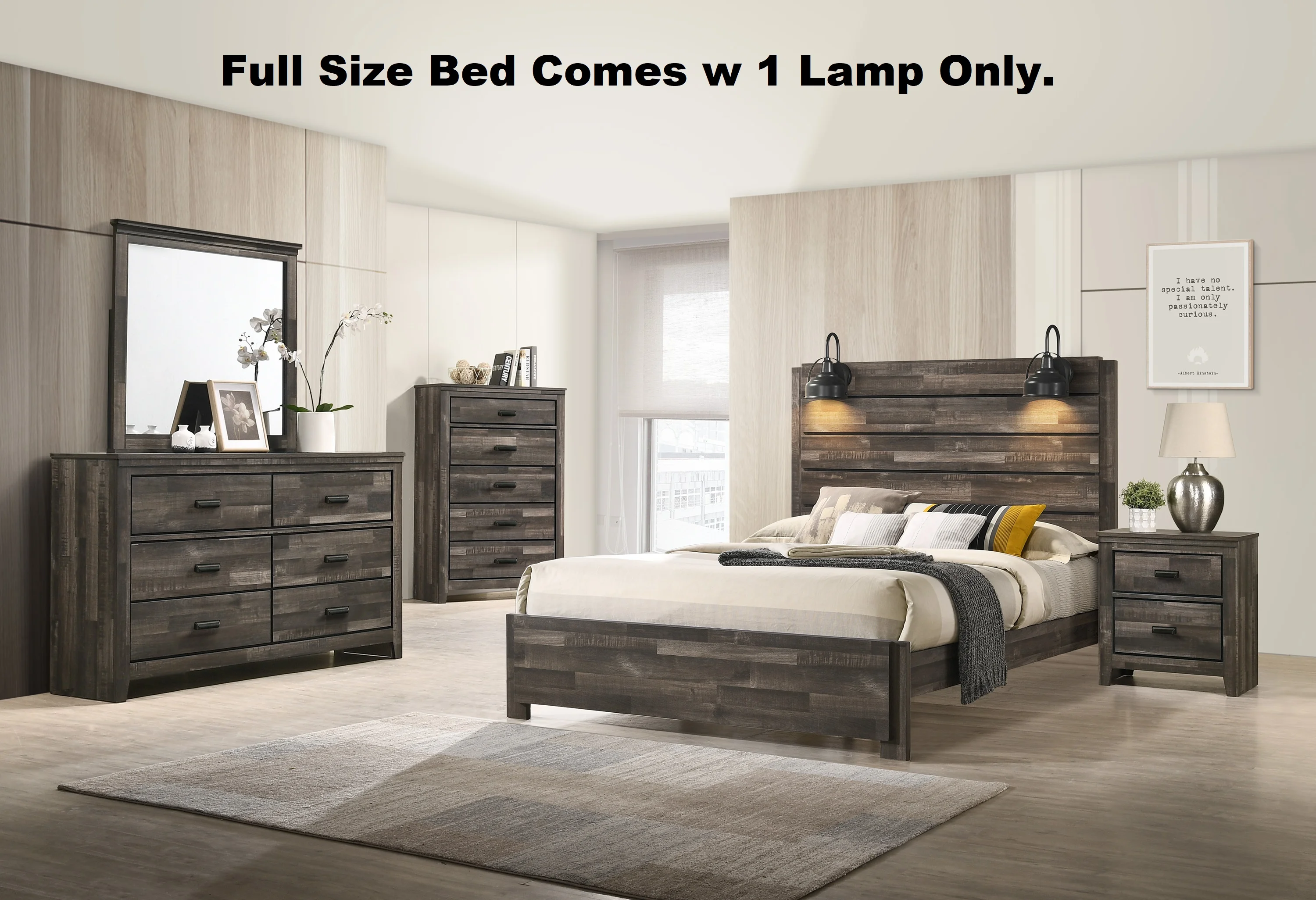 Contemporary Rustic Brown Finish Full Size 4Pc Bedroom Set Bed Dresser Mirror Nightstand Wooden Furniture