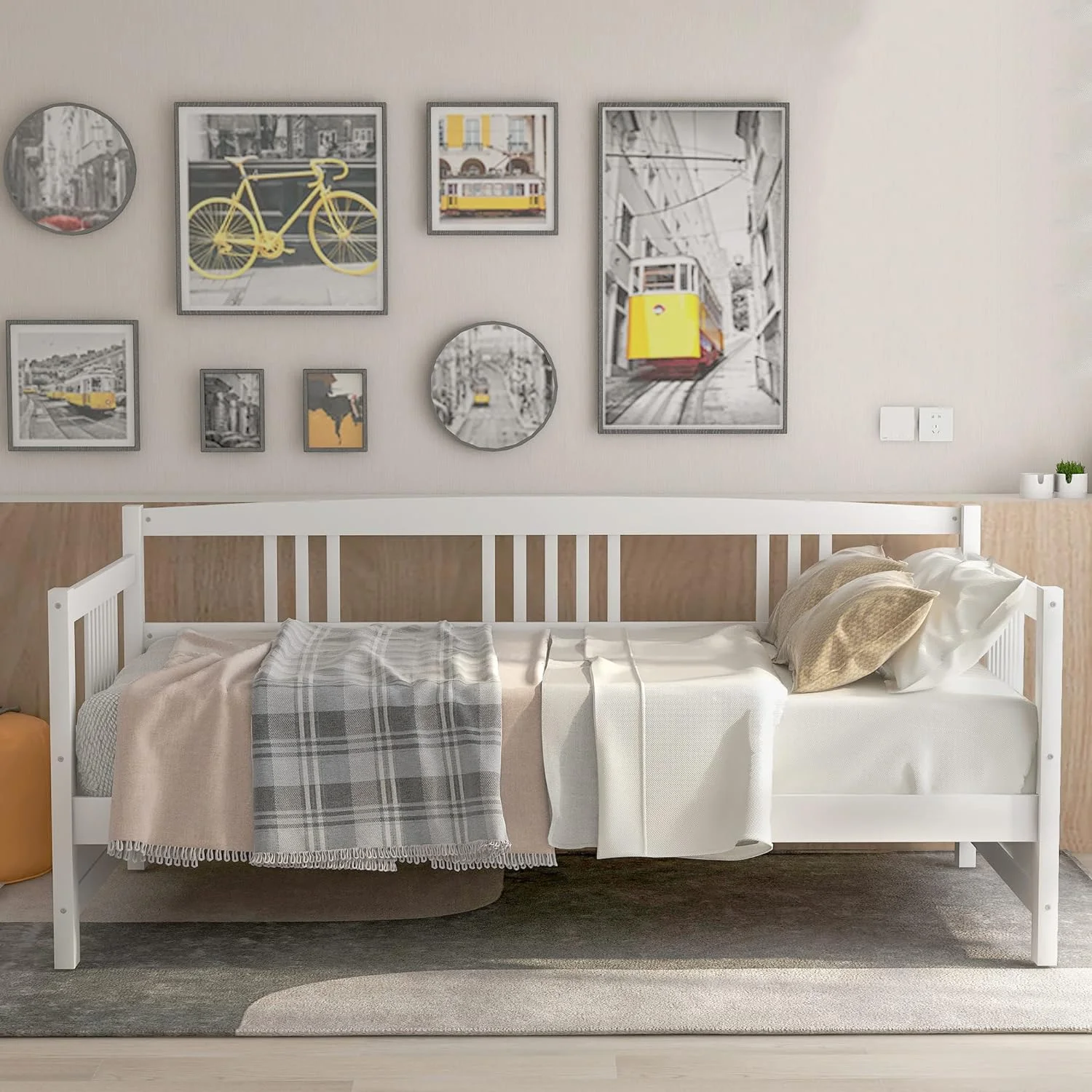 Wood Daybed Frame, Daybed With Wooden Slats Support, Sofa Bed With Rails (White)