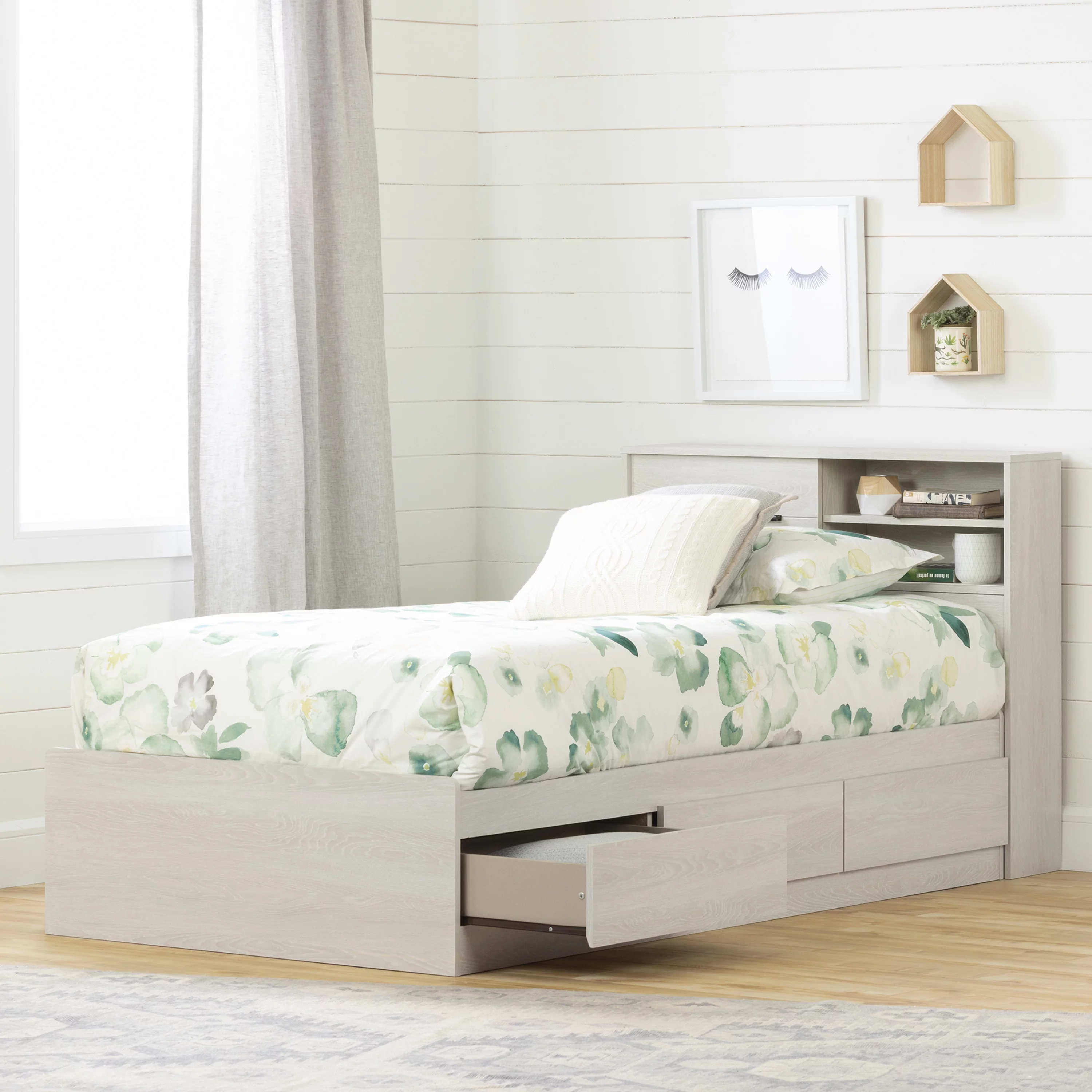 South Shore Fynn, Traditional Twin Bed and Headboard Set, Winter Oak