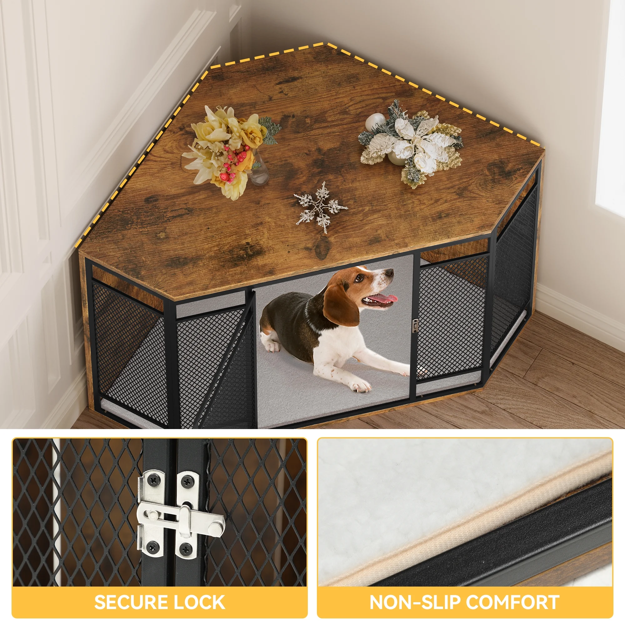 Dextrus Corner Dog Crate Furniture,Stylish 43.7-inch Wooden Dog Kennel with Sturdy Metal Mesh, Multi-functional End Table, Indoor Dog House for Dogs of All Sizes, Brown